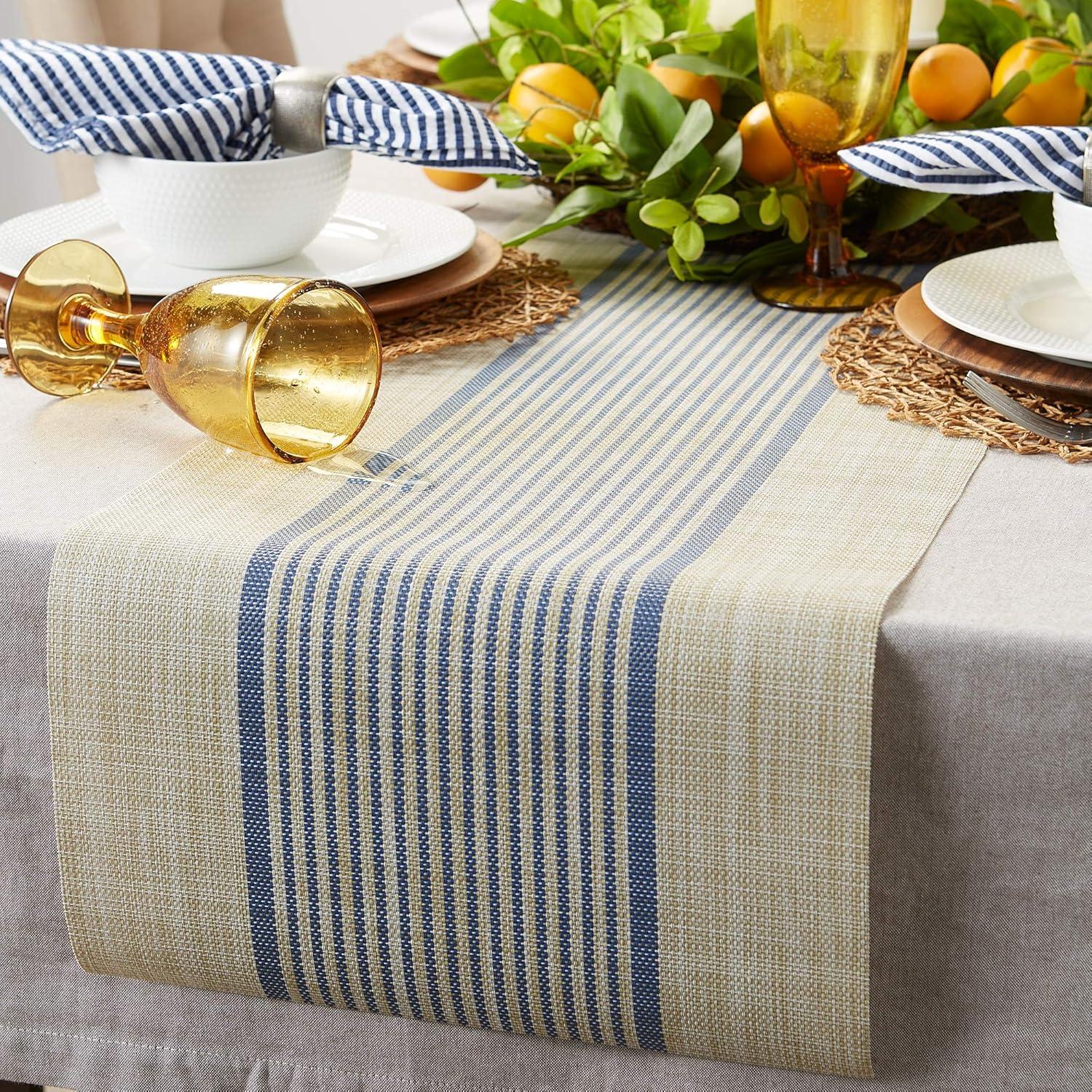 DII 14x72" Modern Fabric Middle Stripe Woven Table Runner in Beige/French Blue