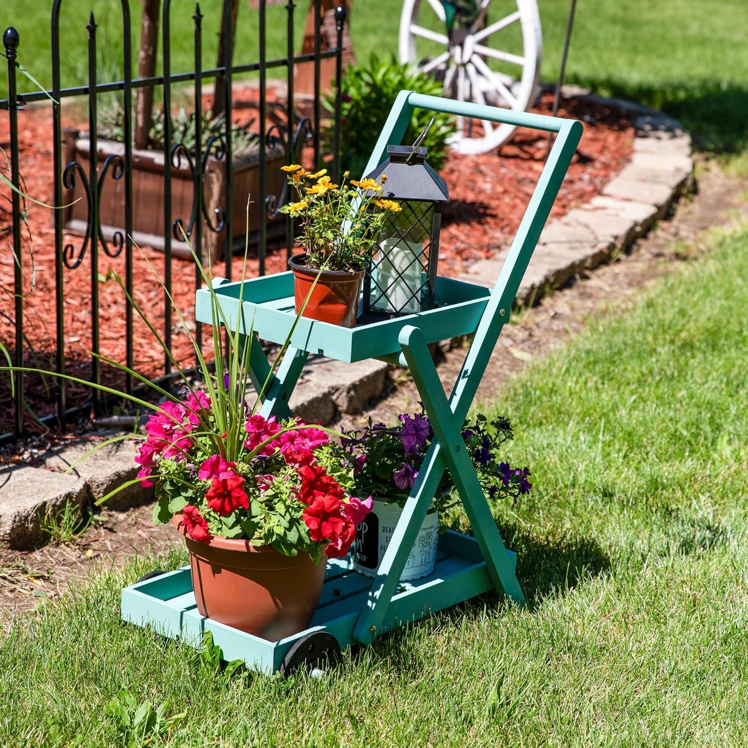 Sunnydaze 2-Tier Fir Wheeled Planter Stand - 34” H - Robin Egg Blue