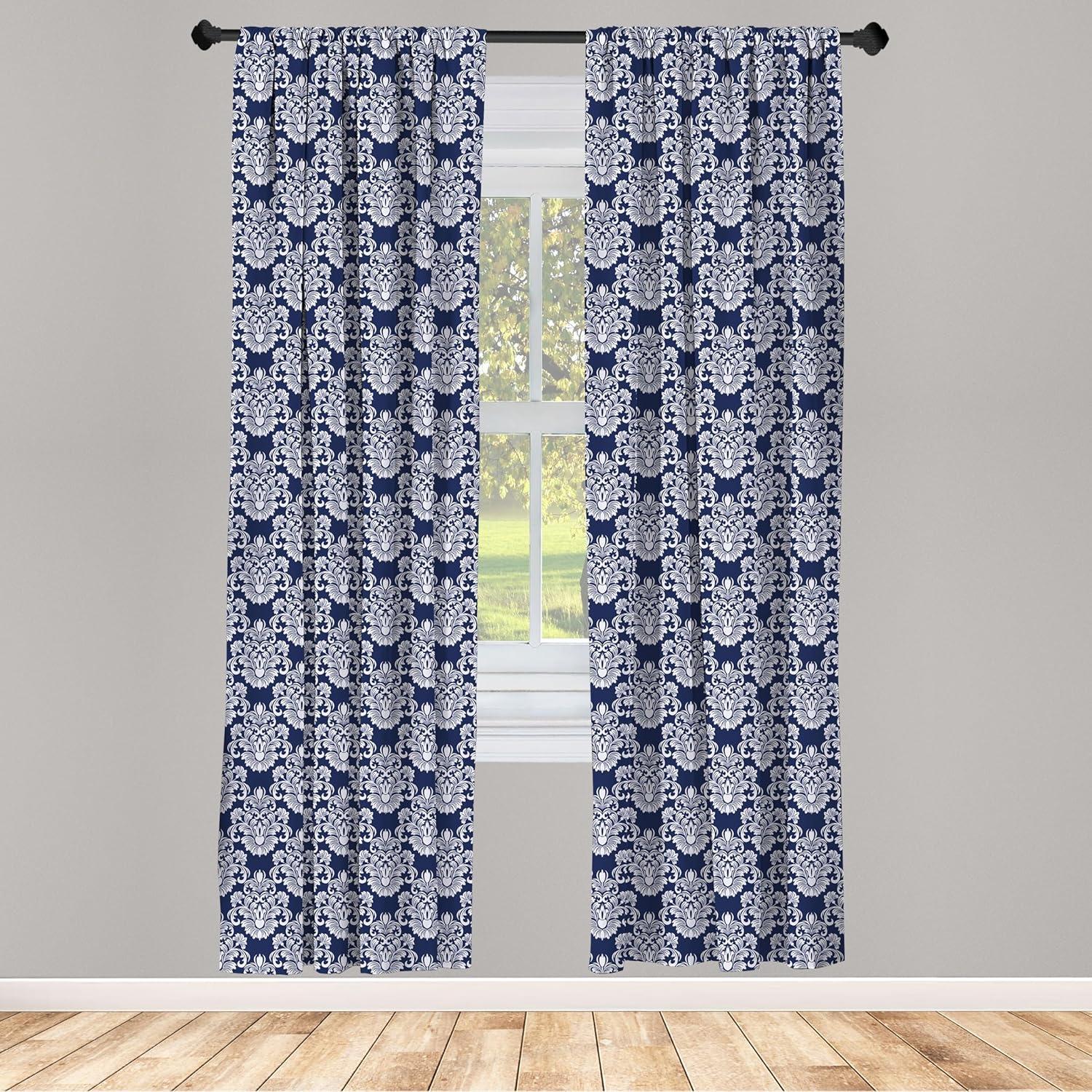 Ambesonne Navy Blue Curtains, Floral Antique Damask, Pair of 28"x63", Dark Blue White