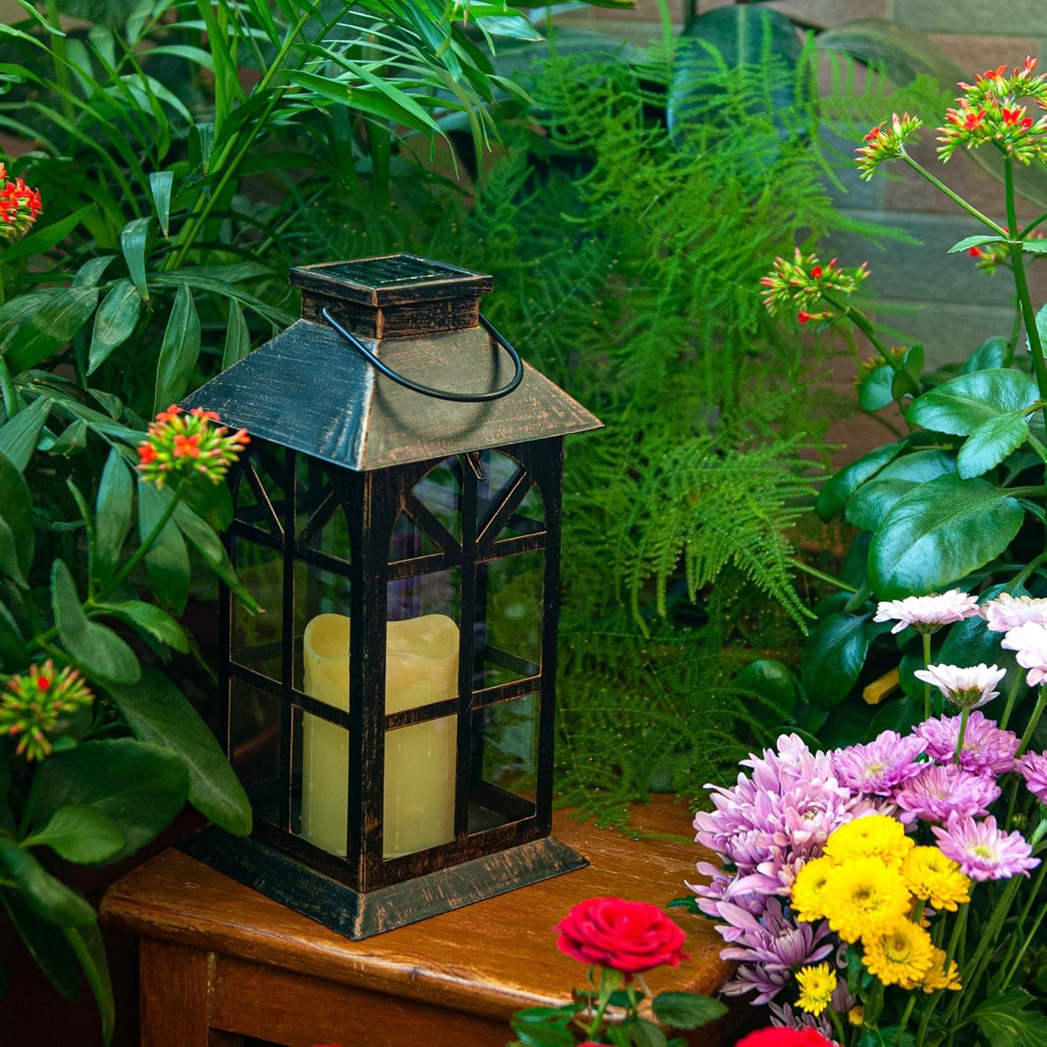 Bronze Antique Solar-Powered LED Lantern with Glass Panels