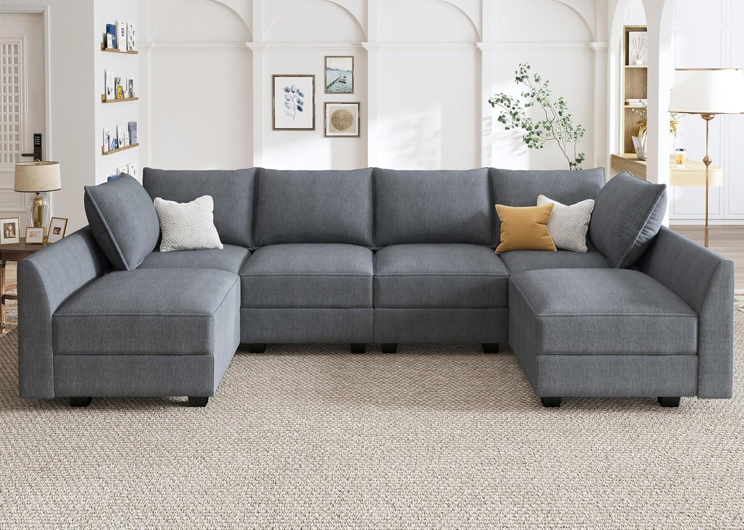 Gray Fabric U-Shaped Sectional Sofa with Storage Ottoman