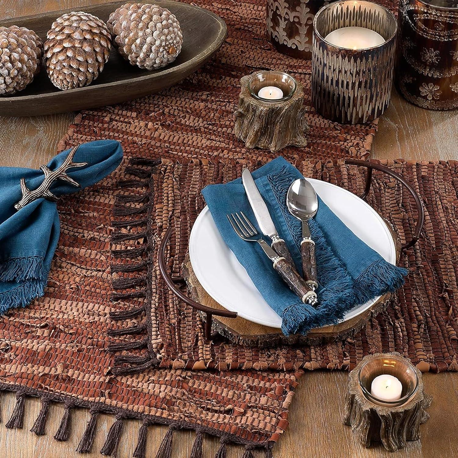 Saro Lifestyle Brown Leather Chindi Table Runner