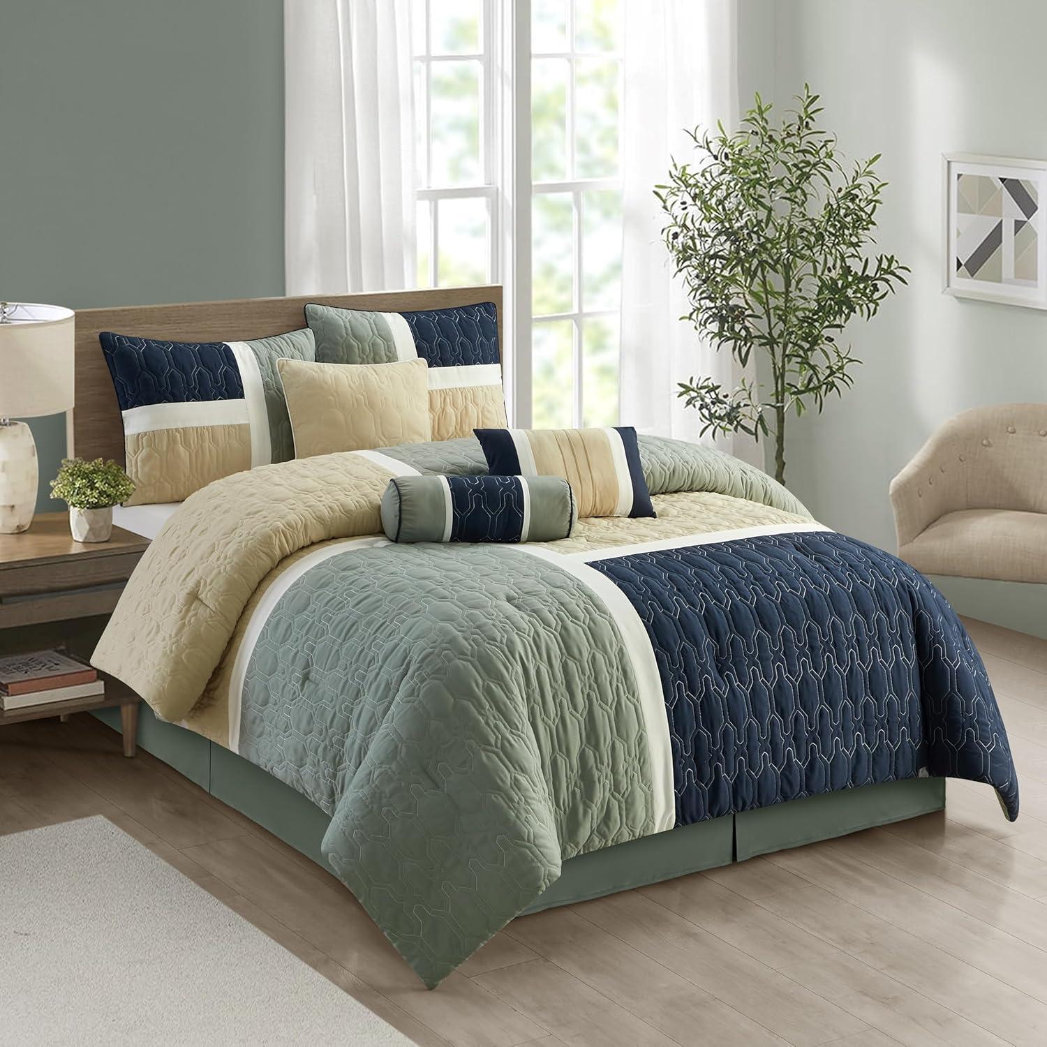 Navy and Grey Microfiber Queen 7-Piece Comforter Set