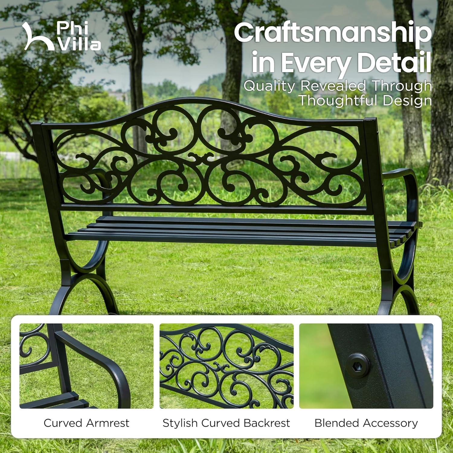 PHI VILLA 50-Inch Cast Iron Steel Frame Garden Bench Outdoor Patio Bench Chair w/Floral Design Backrest, Slatted Seat for Park, Yard & Porch, Black