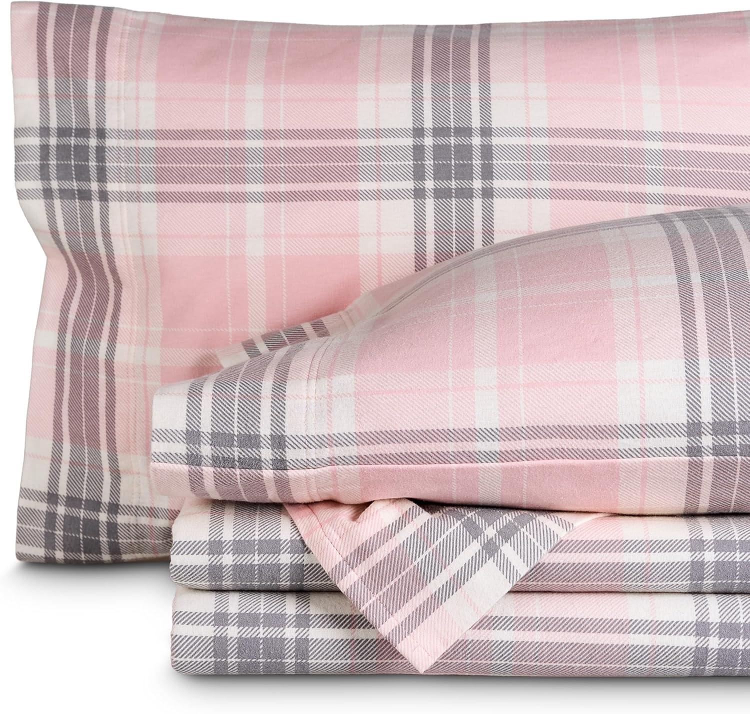 Aurora Plaid - Pink Cotton Flannel Full Sheet Set by Bare Home