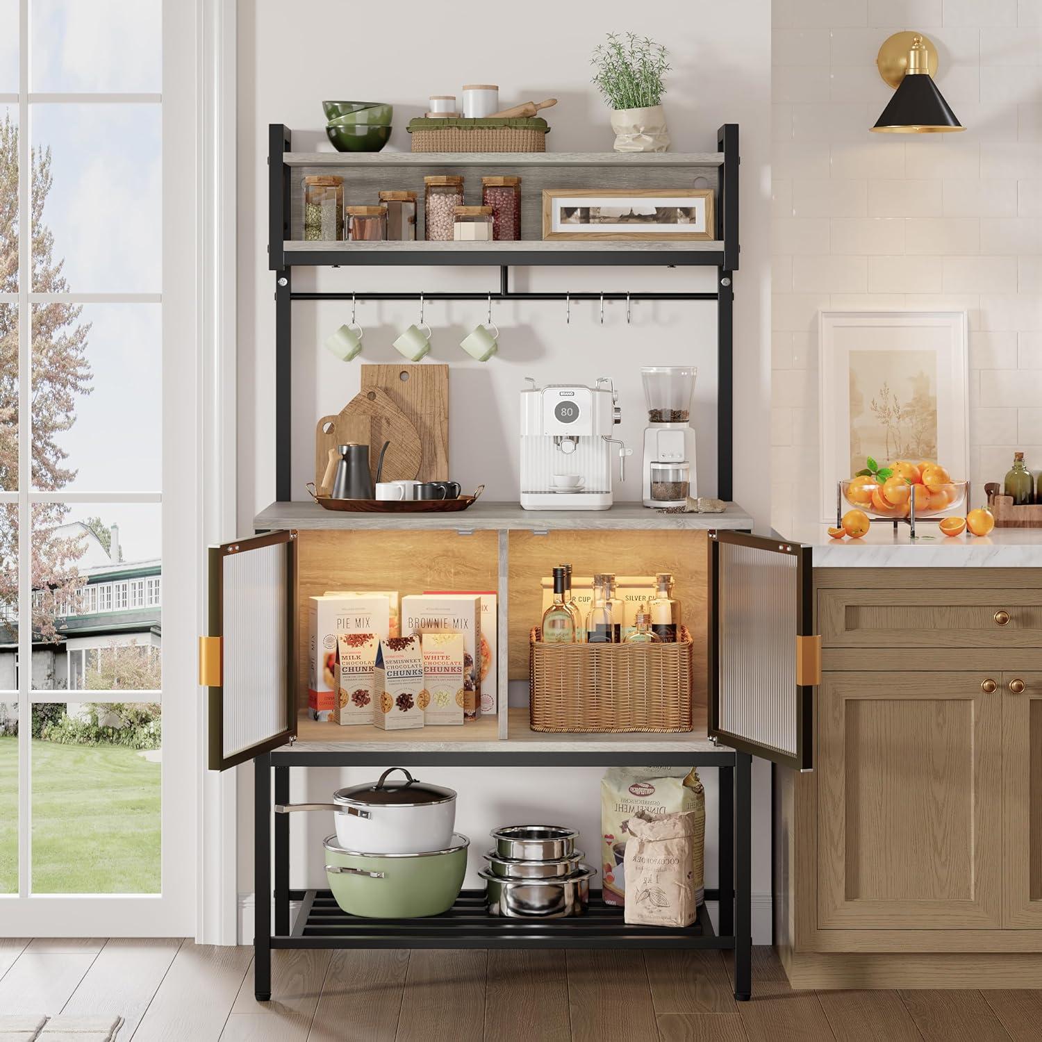 Bestier Coffee Bar with Storage, 5 Tier Microwave Stand with LED Lights, Kitchen Bakers Rack with Cabinet, Heavy Duty Storage Shelves for Kitchen Garage Pantry(Retro Grey Oak Light)