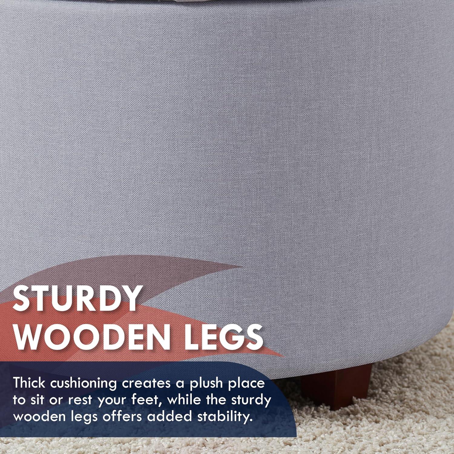 Ornavo Home Linen Upholstered Round Tufted Storage Ottoman with Wooden Legs - Gray
