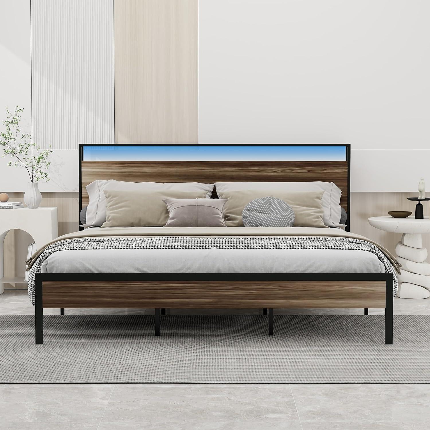 NNV King Size Metal Platform Bed Frame with USB Ports & AC Outlets, LED Lights Storage Headboard, Mahogany