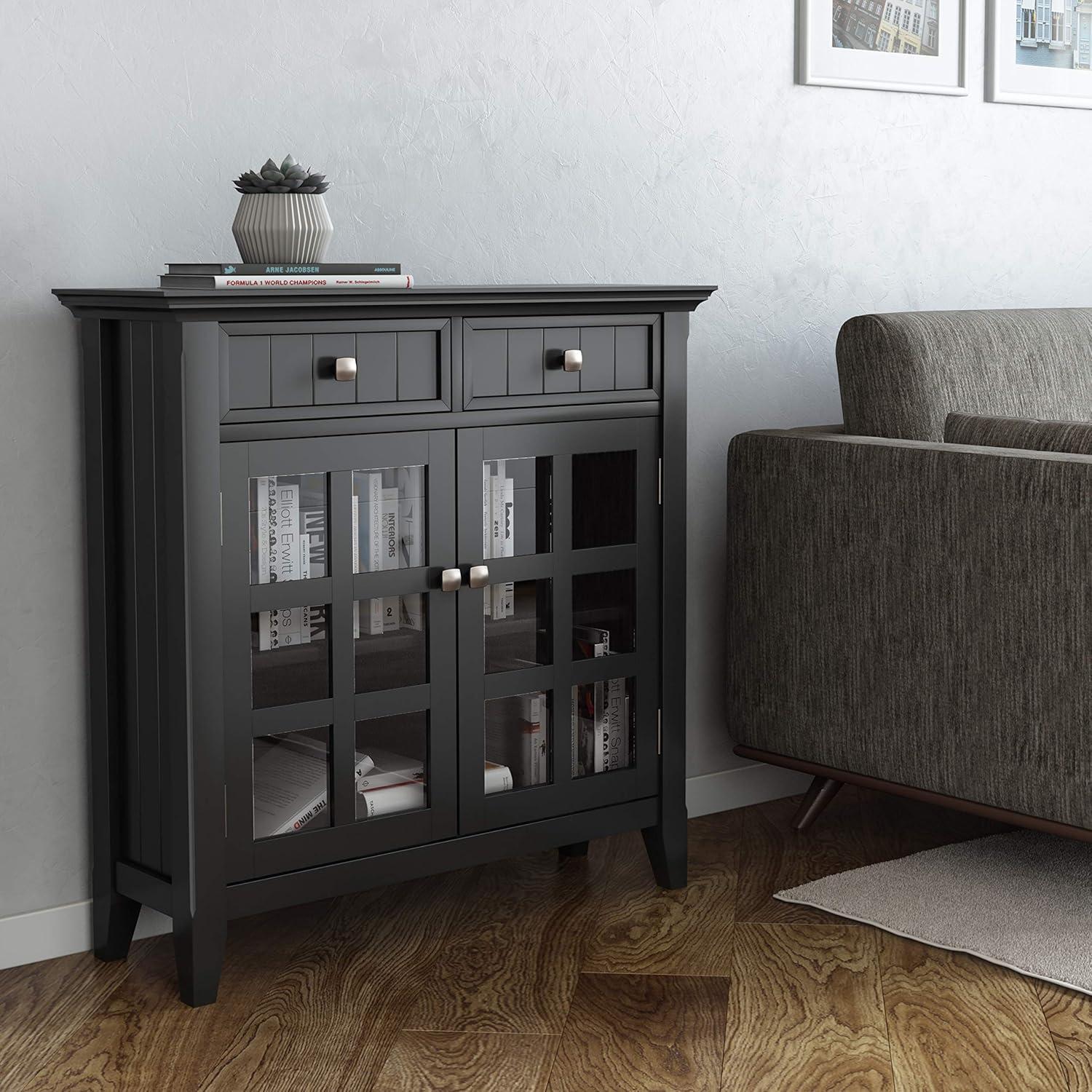 Simpli Home Acadian 62"W Solid Wood 3-Shelf Storage Cabinet with Tempered Glass Doors and Adjustable Shelves