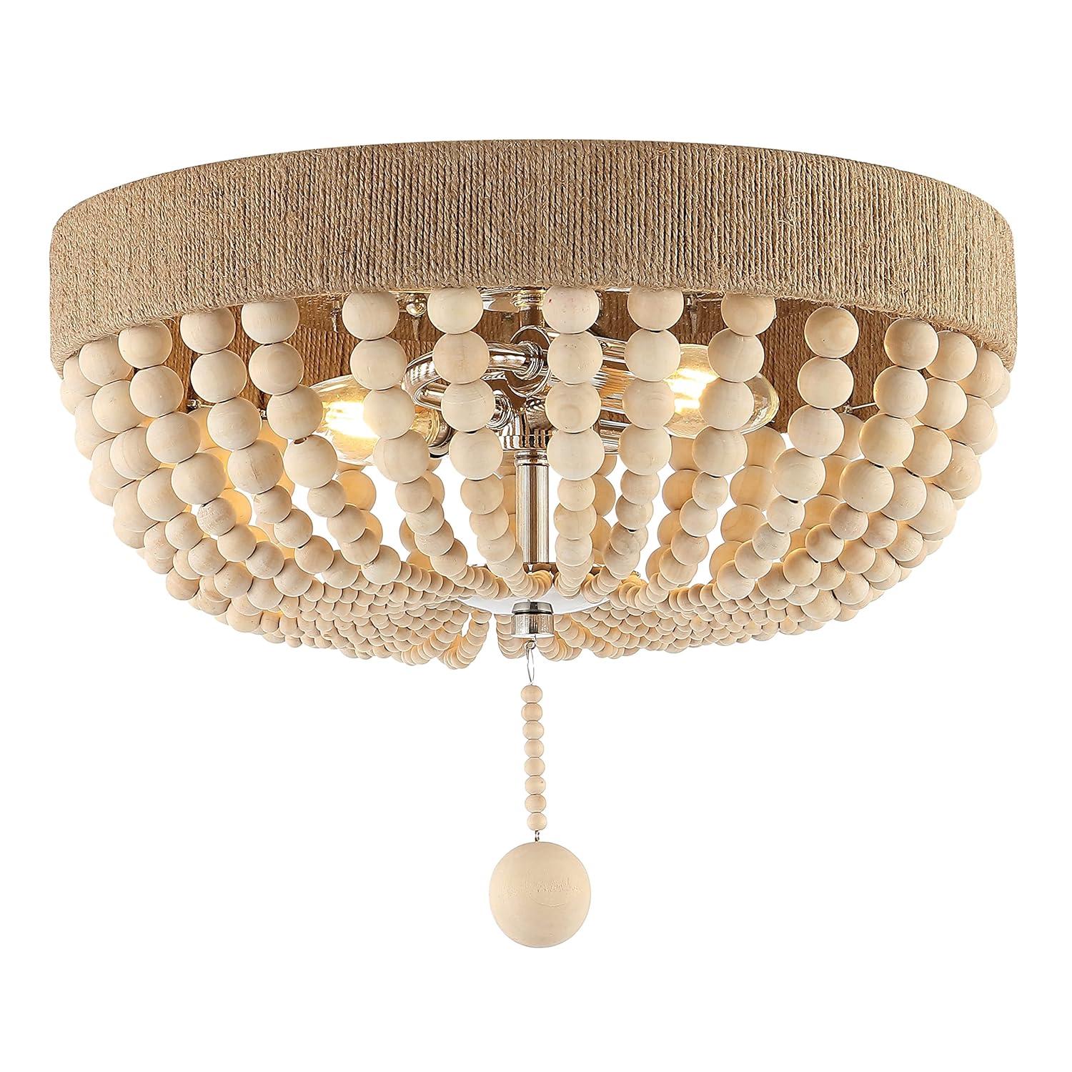 JONATHAN Y Justina Wood Bead 14" 2-Light Farmhouse Bohemian Iron LED Flush Mount, Light Taupe/Chrome, JYL1307A