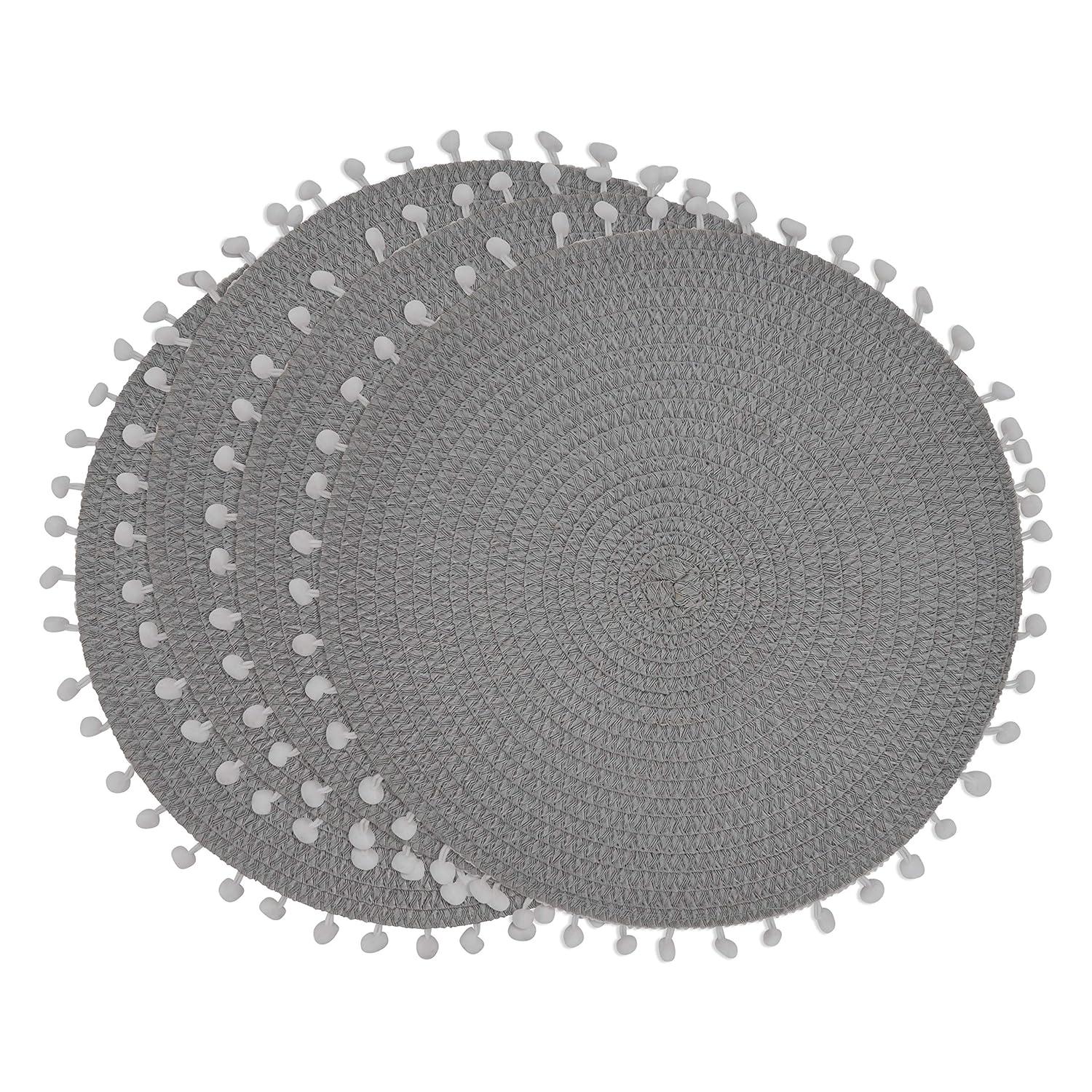 Fennco Styles Pom Pom Textured Placemats 15 Inches Round, Set of 4 – Grey Modern Traycloth Table Mats for Home, Dining Room Décor, Banquets, Indoor & Outdoor and Special Events