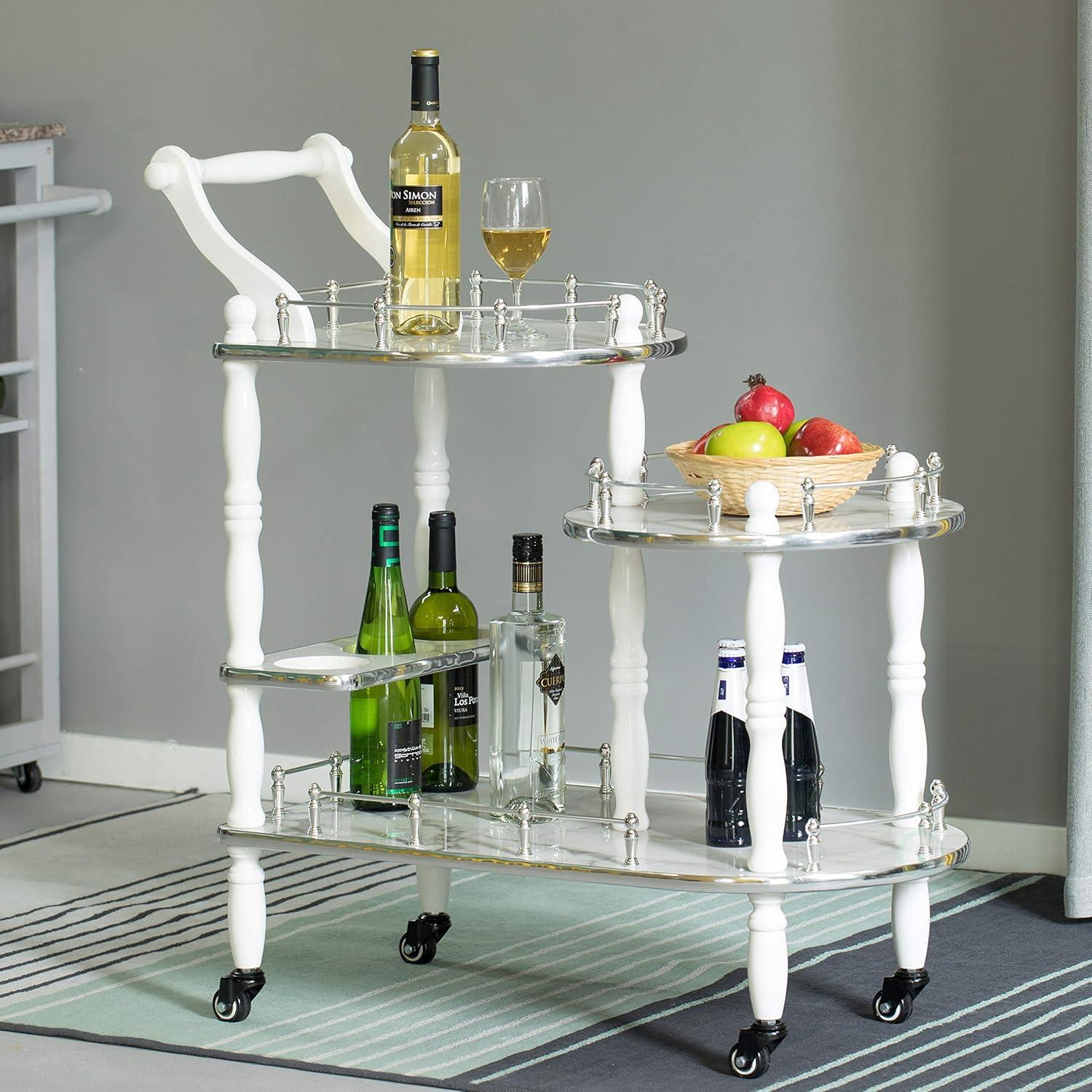 Fabulaxe Wood Serving Bar Cart Tea Trolley with 3 Tier Shelves and Rolling Wheels, Silver, White and Gray