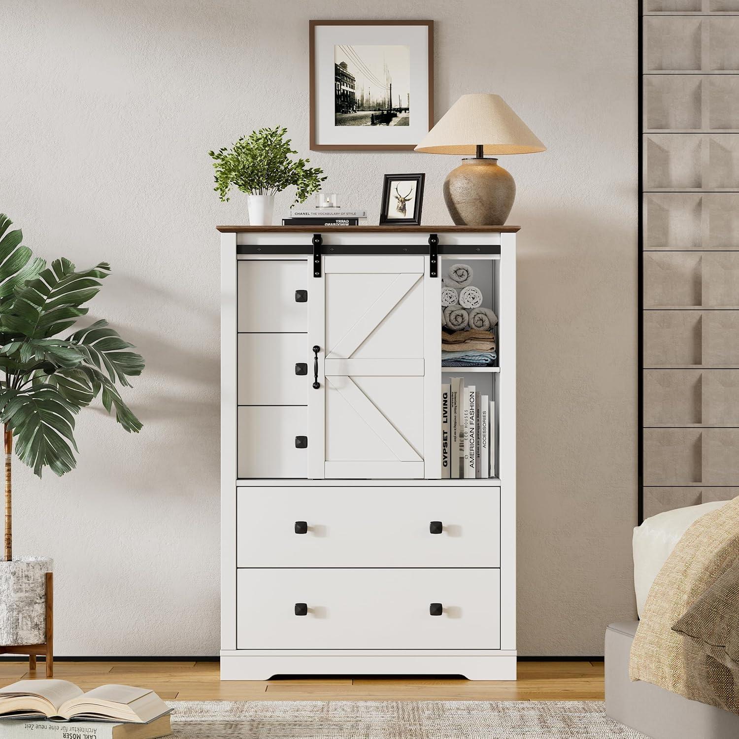 White and Black Farmhouse Sliding Barn Door Dresser