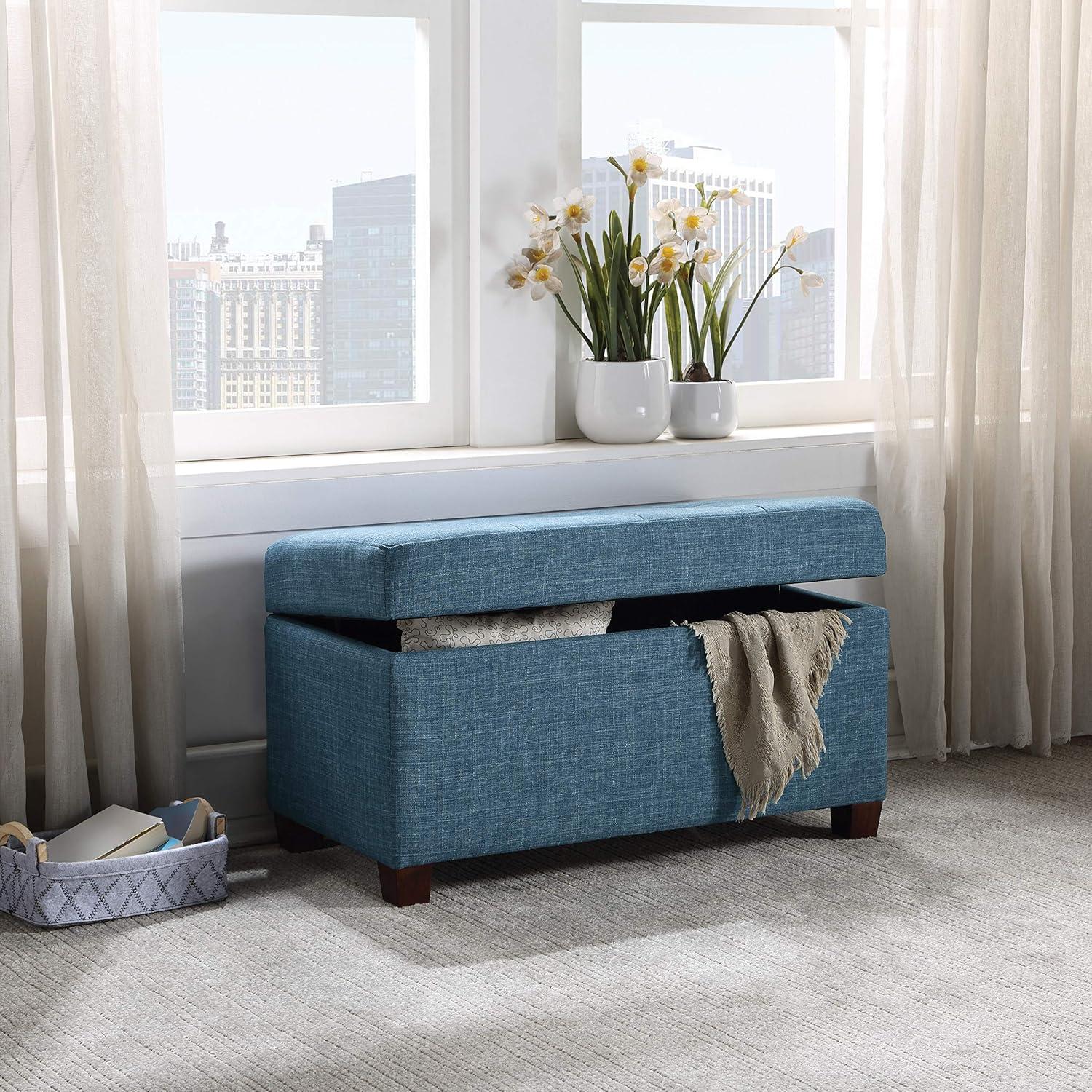 Blue Tufted Fabric Storage Ottoman with Plywood Frame