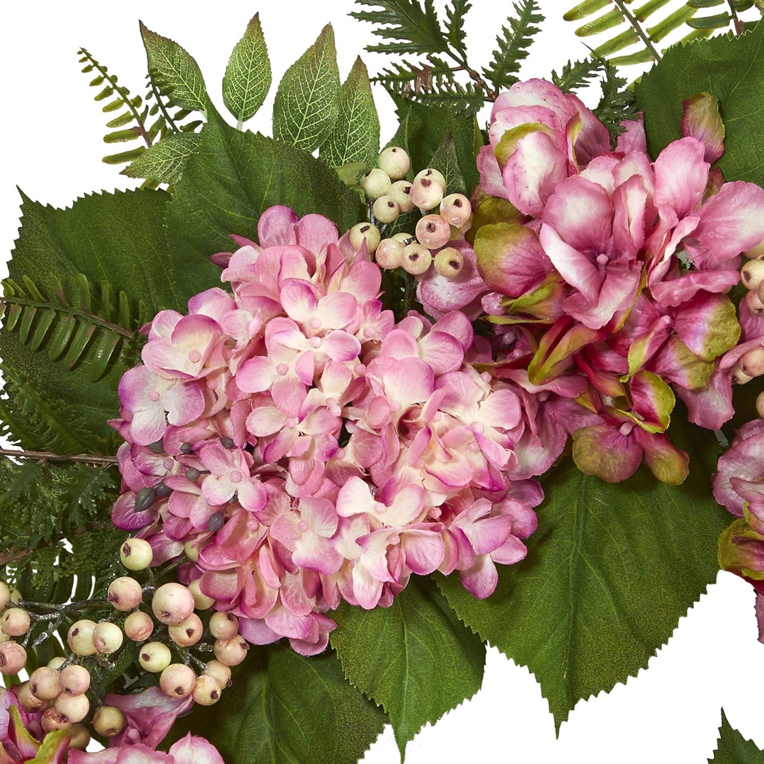 Nearly Natural 24" Artificial Hydrangea & Berry Wreath Pink - : Faux Floral Decor, Indoor Spring/Summer Display