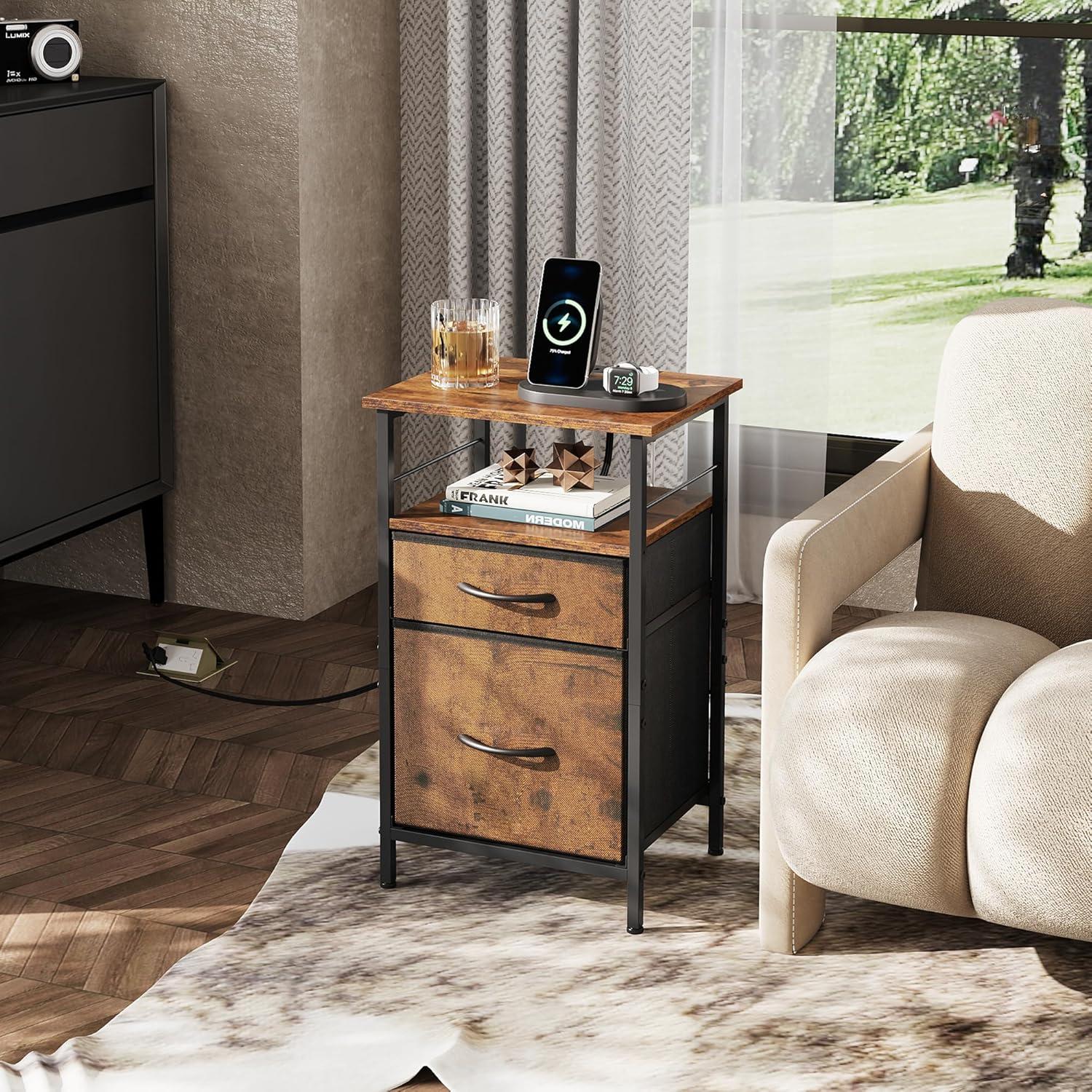 WLIVE Night Stand Set of 2 with Charging Station, LED Nightstand Sets with 2 Fabric Drawers and Storage Shelf, Small Bedside Tables for Small Spaces, Dresser for Bedroom, Rustic Brown