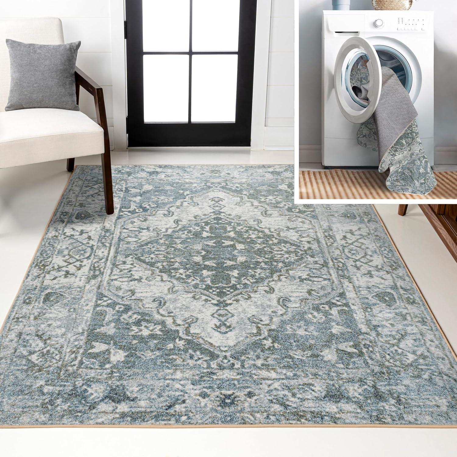 JONATHAN Y Pavel Distressed Medallion Low-Pile Machine-Washable Light Gray/Blue 5 ft. x 8 ft. Area Rug