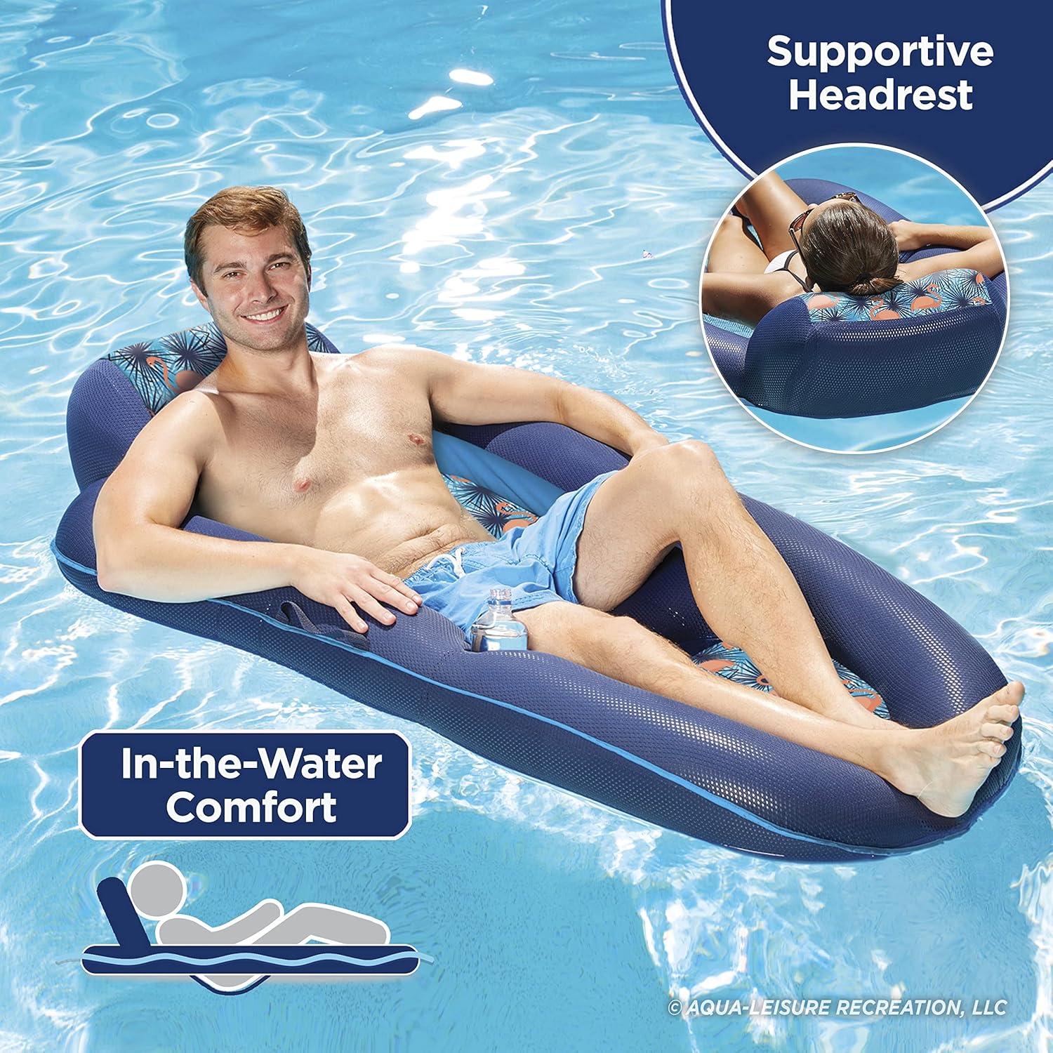 Aqua Luxury Water Lounge Recliner Pool Float with Headrest, Backrest & Footrest, Pink Flamingo