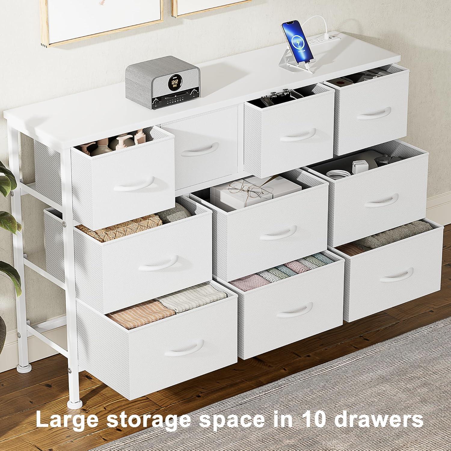 Lulive 10 Drawer White Dresser for Bedroom, Dresser TV Stand with Power Outlet, Entertainment Center Chest of Drawers for 55'' Long TV, Wide Fabric Dresser for Storage and Organization (White)
