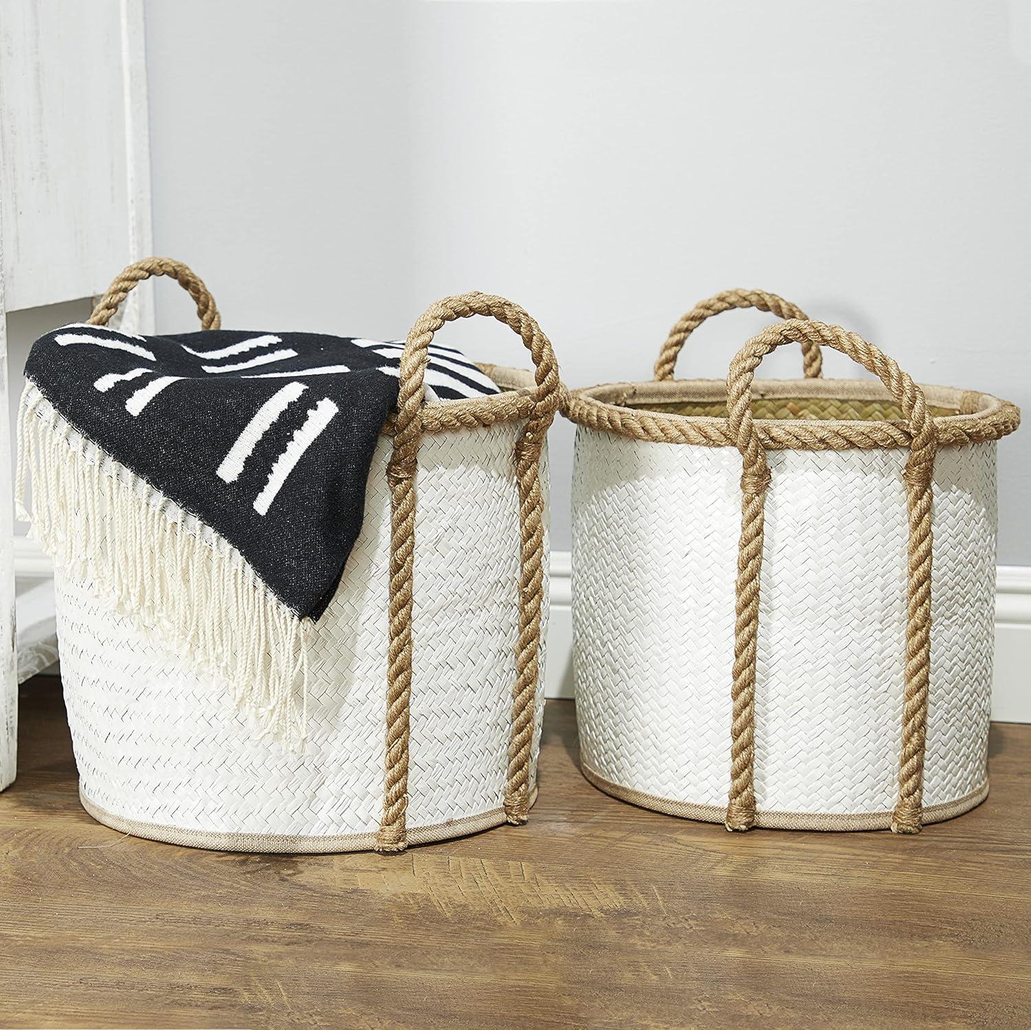 DecMode 17", 15", 13"W White Seagrass Handmade Two Toned Storage Basket with Handles, 3-Pieces