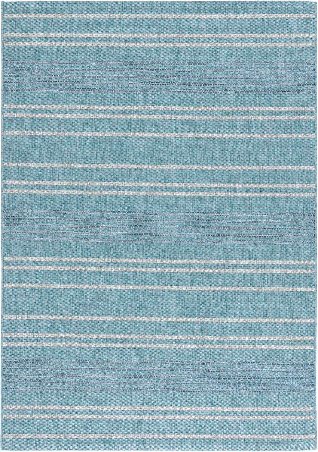 Aqua and Gray Striped Rectangular Indoor/Outdoor Rug