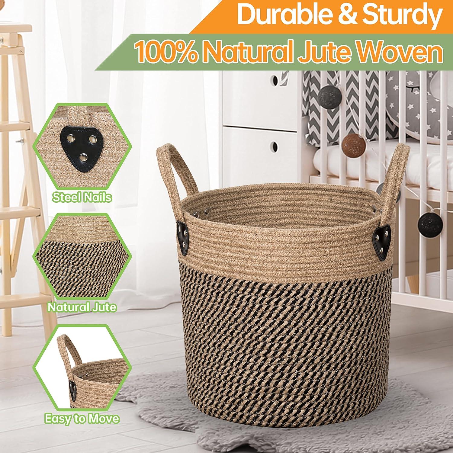 14"x12" Natural Jute and Black Rope Woven Storage Basket