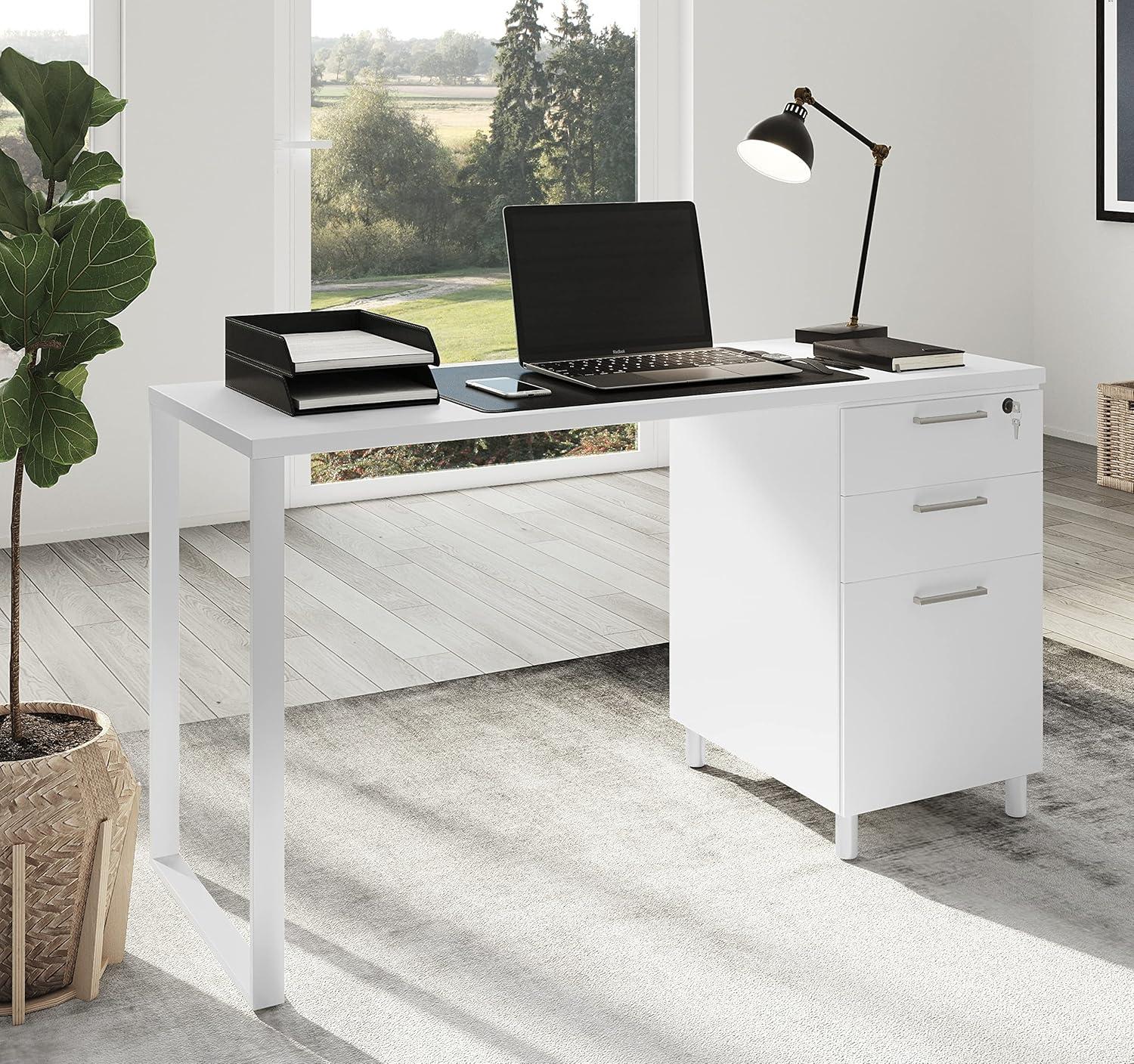 Modern Designs by Crafts and Comfort Milano Modern Home & Office Computer Desk - 47 Inch with 3 Locking Drawers - Wooden Study Writing Desk with Storage Space - White