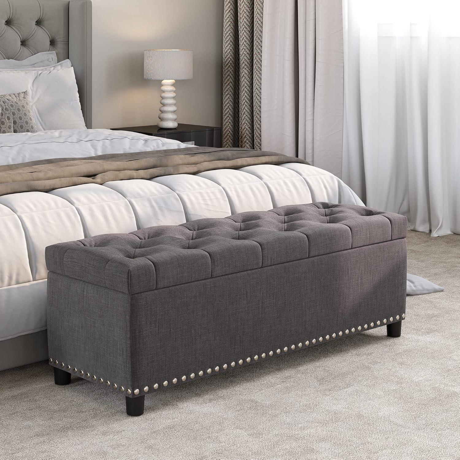 BELLEZE Button-Tufted Linen Storage Ottoman Bench - Brentwood (Dark Gray)