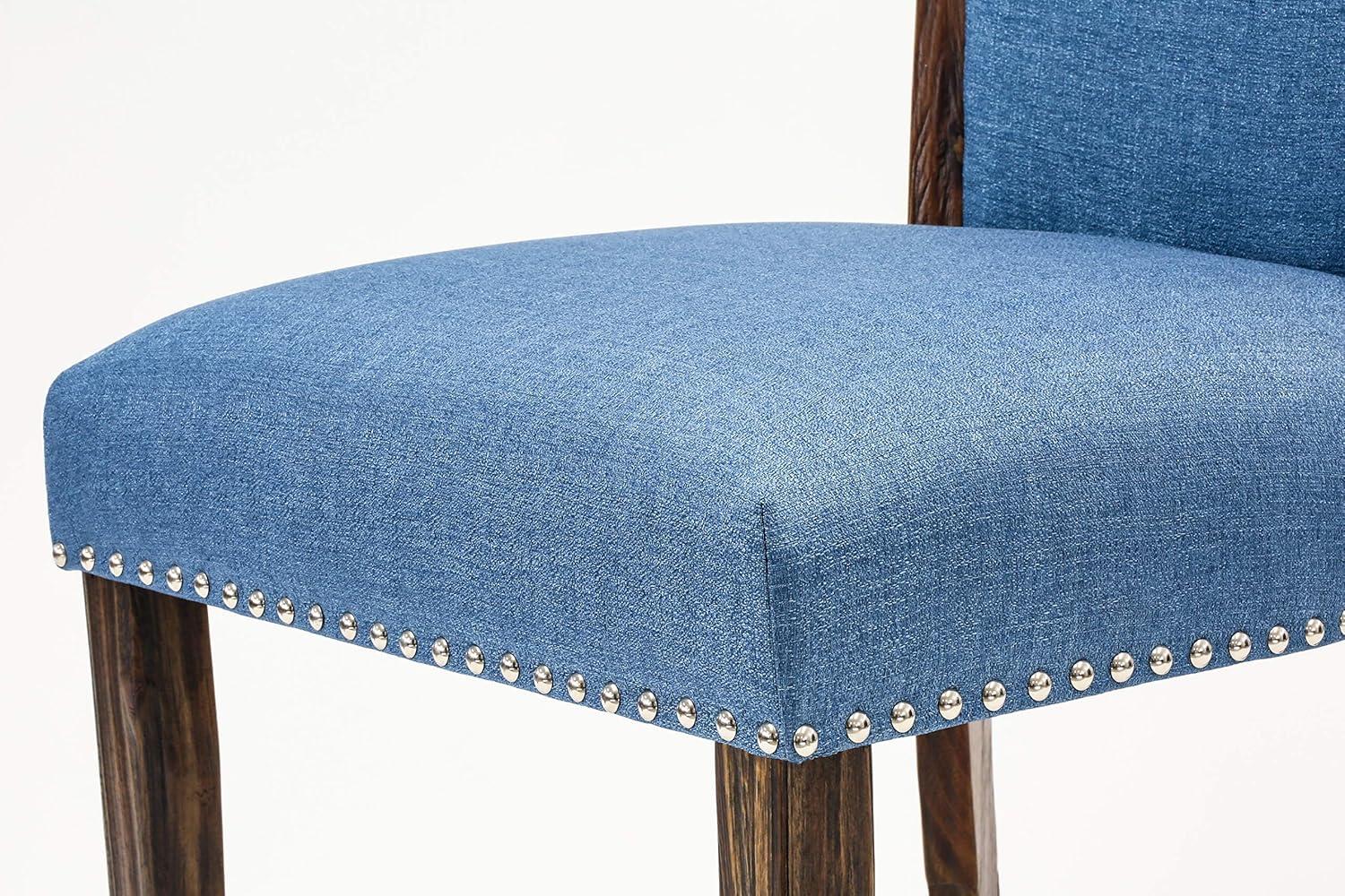 Verona Distressed Jacobean Wood Frame Dining Chair with Blue Linen Fabric Seat with Nail Head & Stylish Back - Set of 2