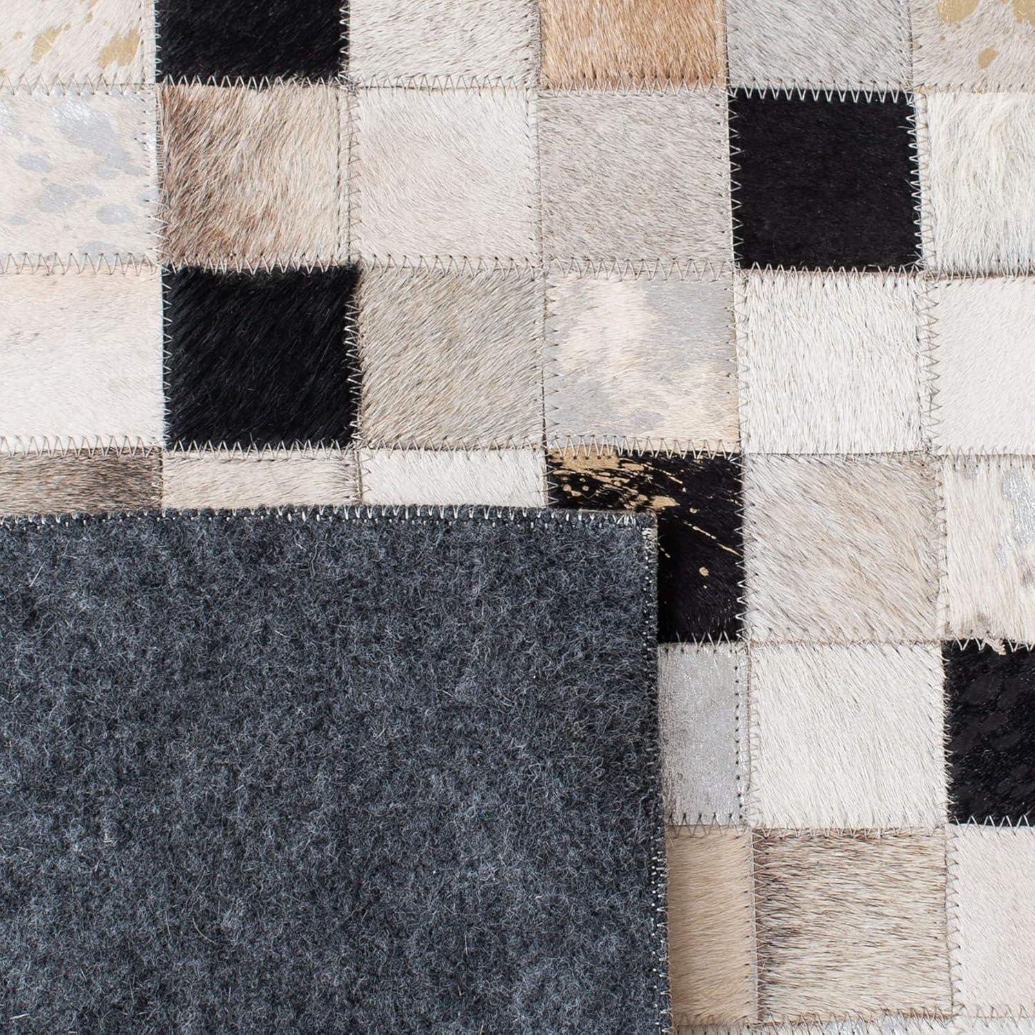 Geometric Black and Ivory Hand-Stitched Cowhide Area Rug 4' x 6'