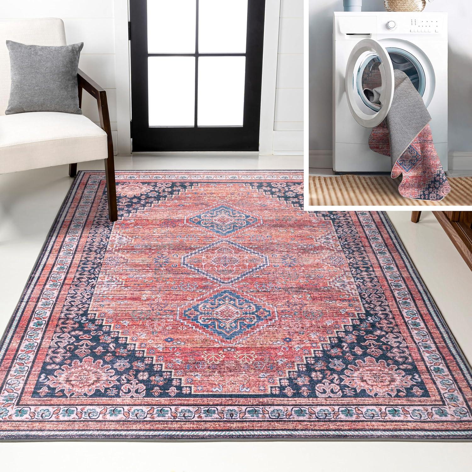 4' x 6' Dalyan Geometric Medallions Machine Washable Indoor/Outdoor Area Rug, Terra/Navy - JONATHAN Y
