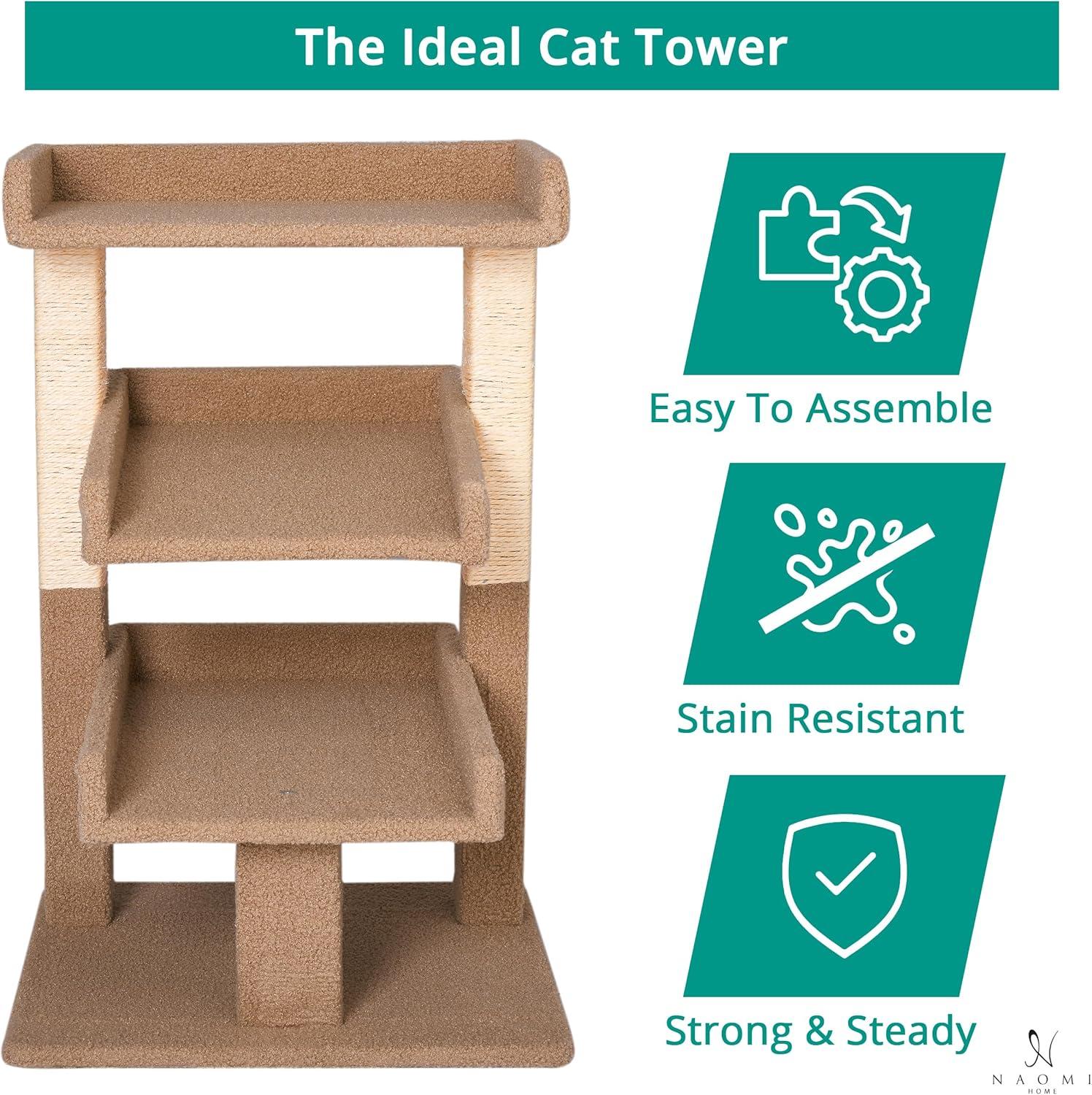 Nala 3-Tier Cat Tree Tower for Indoor Cats – Large Cat Tower & Cat Condo for Large Cats | Cat Tree House & Cat Castle for Multi-Cat Homes - Beige