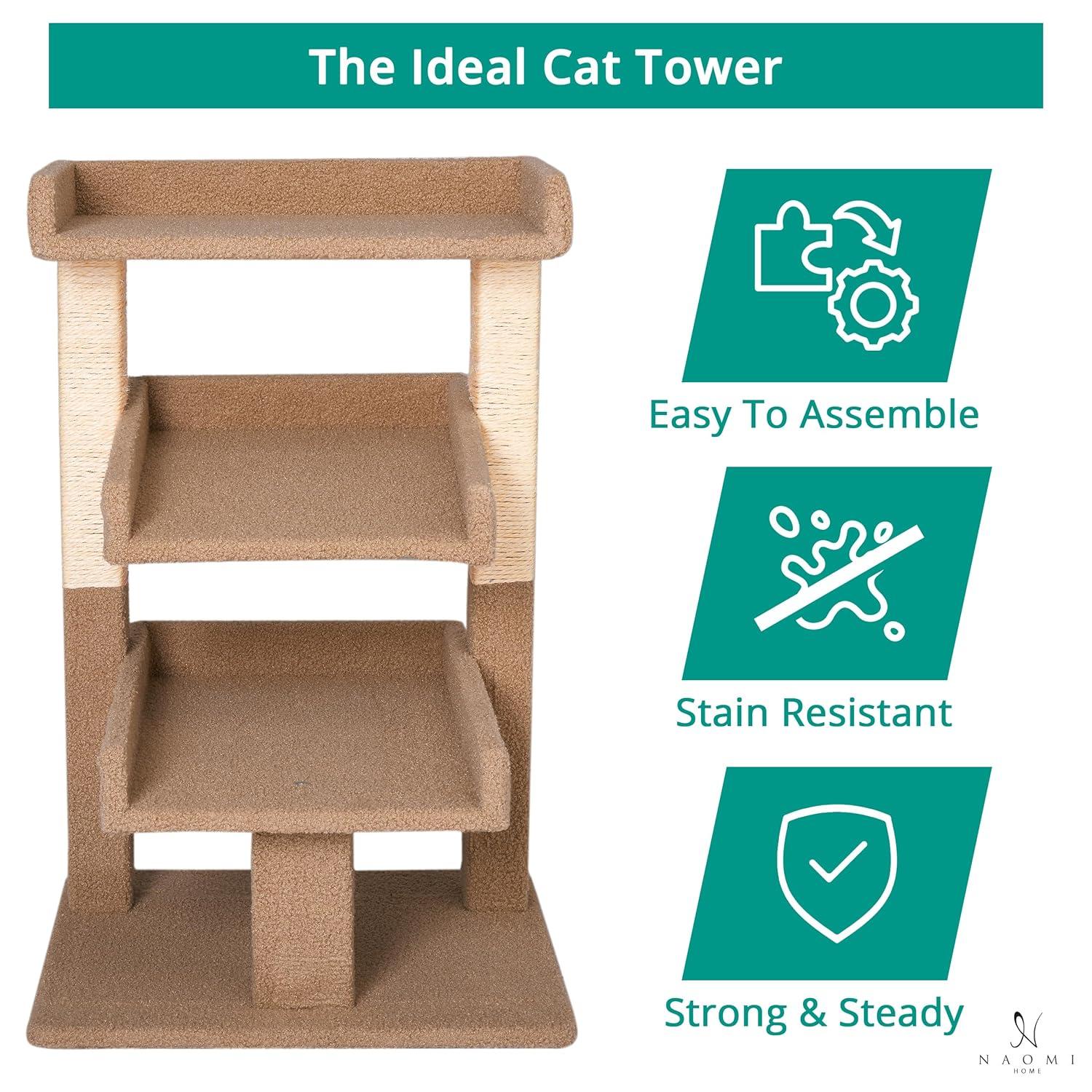 Nala 3-Tier Cat Tree Tower for Indoor Cats – Large Cat Tower & Cat Condo for Large Cats | Cat Tree House & Cat Castle for Multi-Cat Homes - Beige