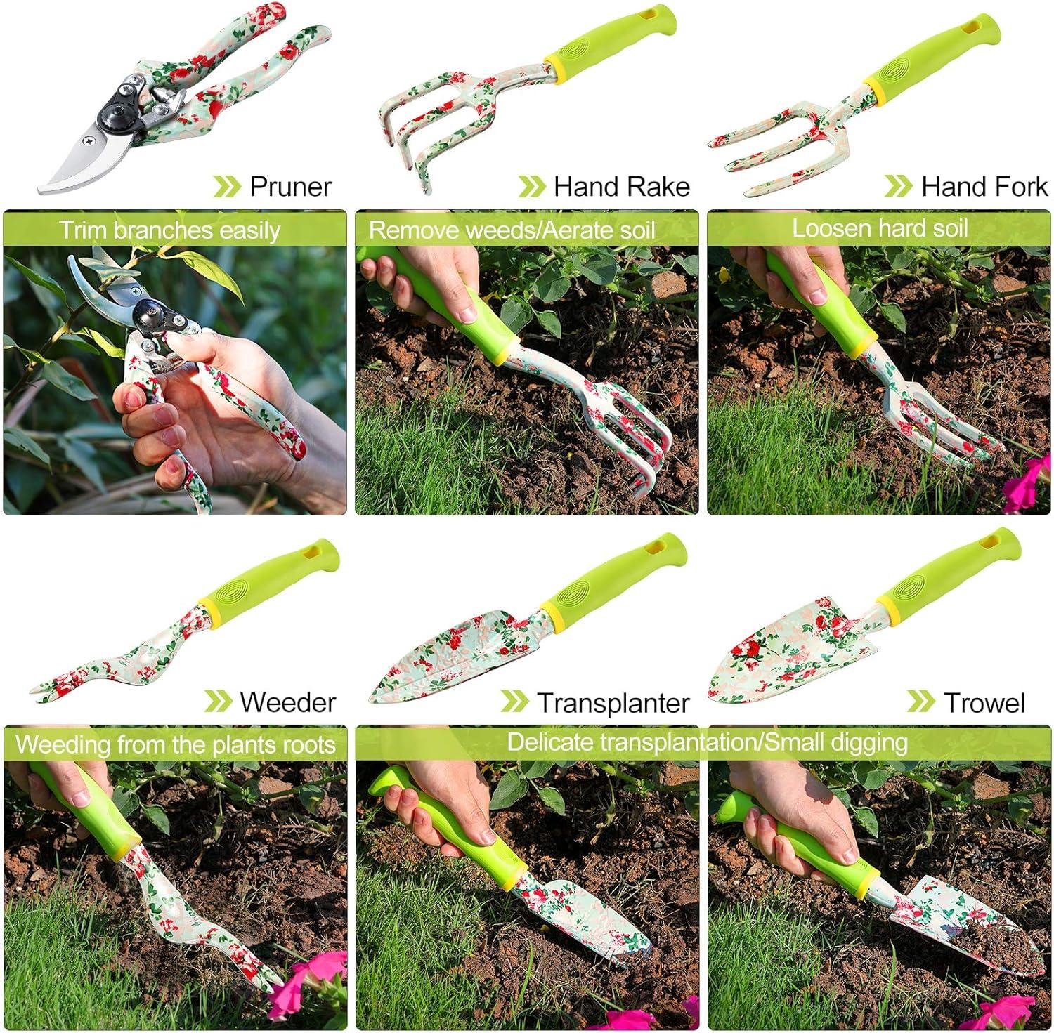 Gardening Tool Set - 13 PCS Heavy Duty Aluminum Gardening Tools Kit Floral Print Garden Tool Set with Non-Slip Rubber Handle & Durable Storage Tote Bag Gardening Supplies Gifts for Women Men