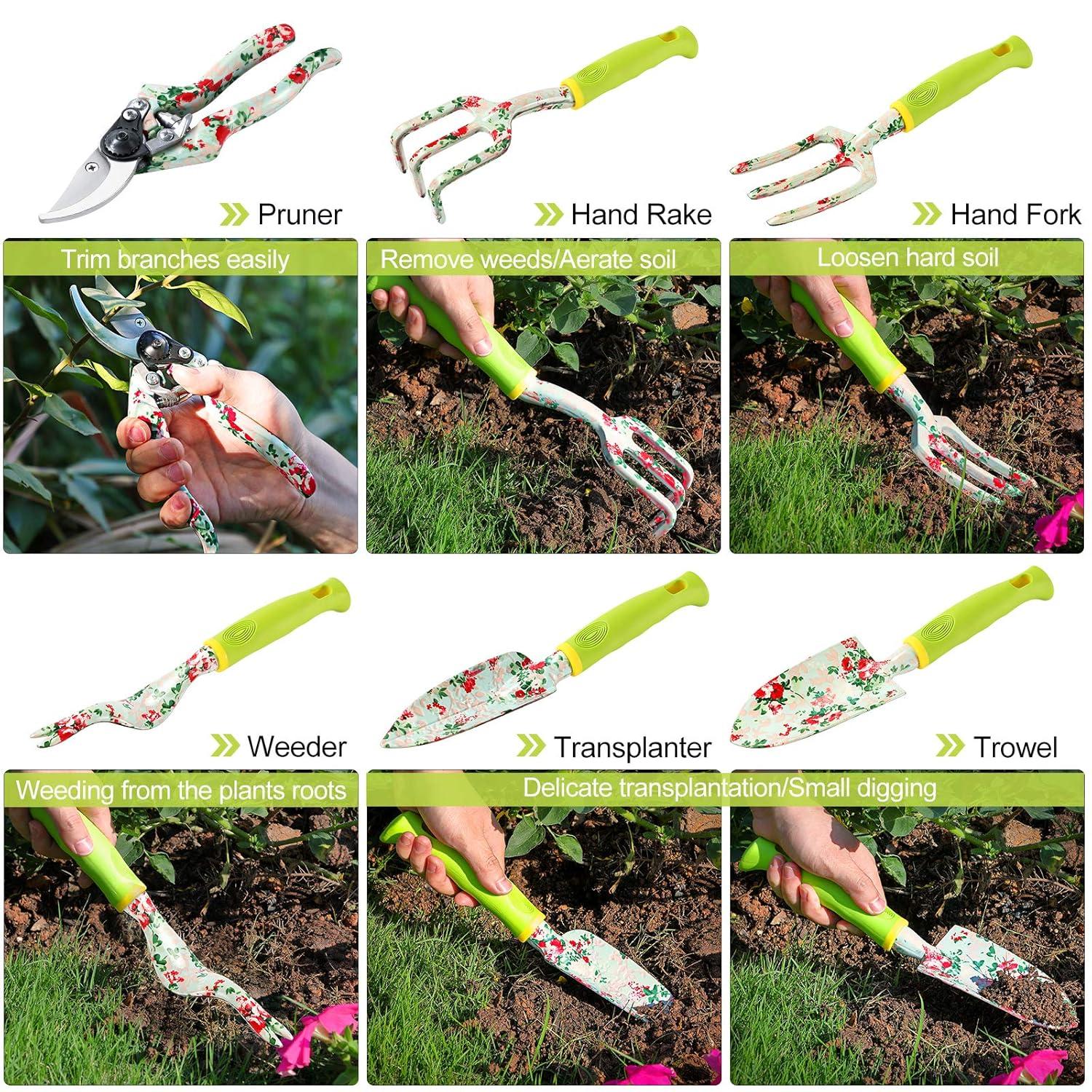 Gardening Tool Set - 13 PCS Heavy Duty Aluminum Gardening Tools Kit Floral Print Garden Tool Set with Non-Slip Rubber Handle & Durable Storage Tote Bag Gardening Supplies Gifts for Women Men