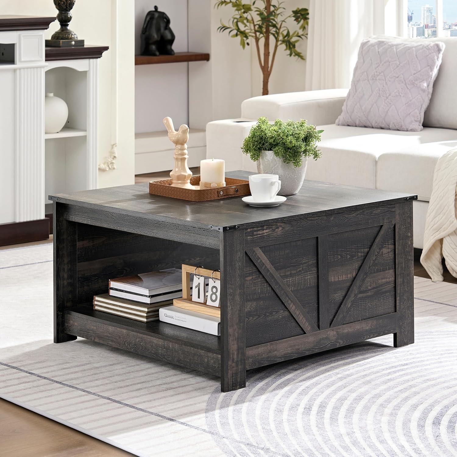 Dark Rustic Oak Square Coffee Table with Storage