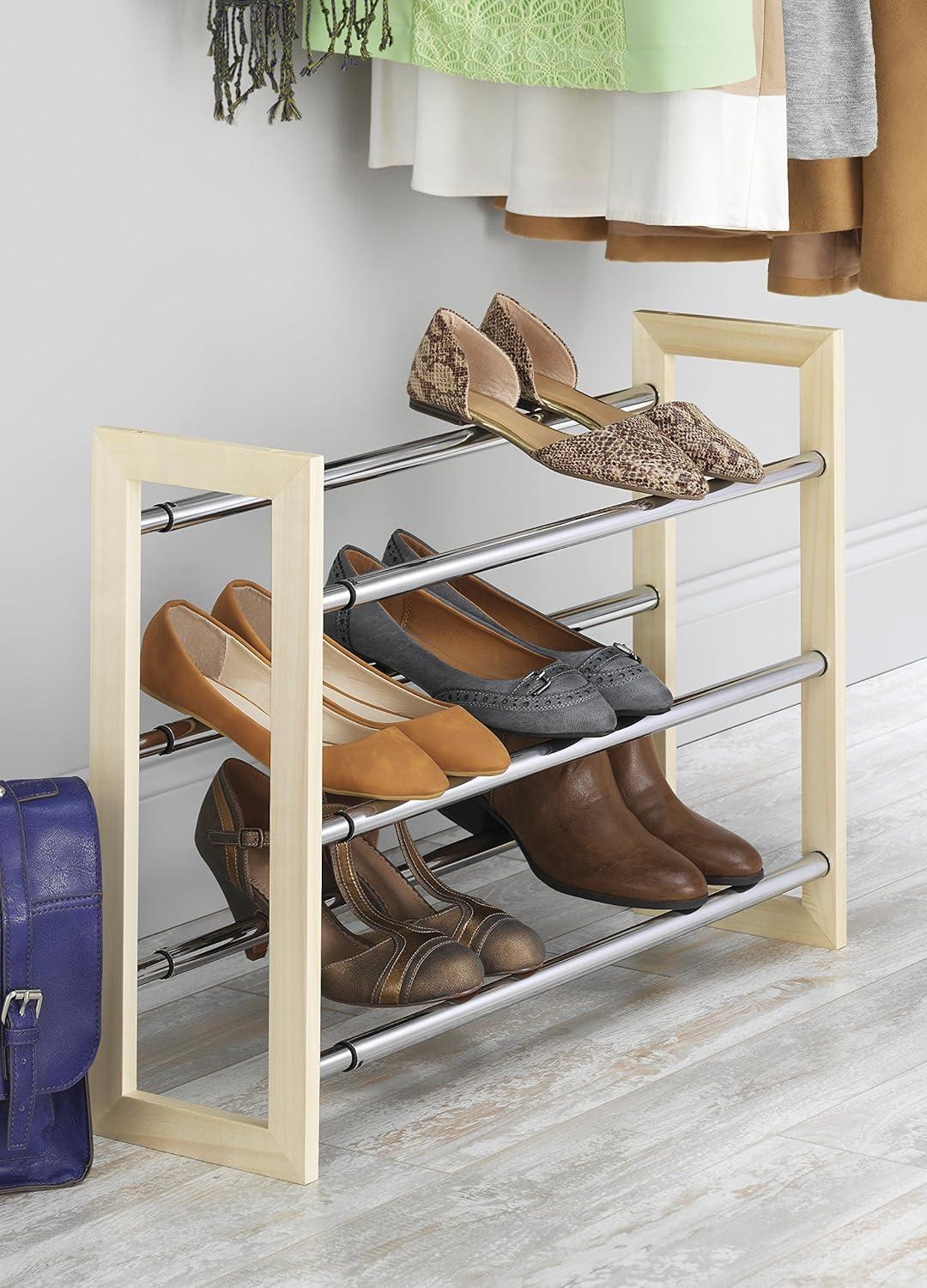 Natural Wood and Chrome 3-Tier Expandable Stackable Shoe Rack