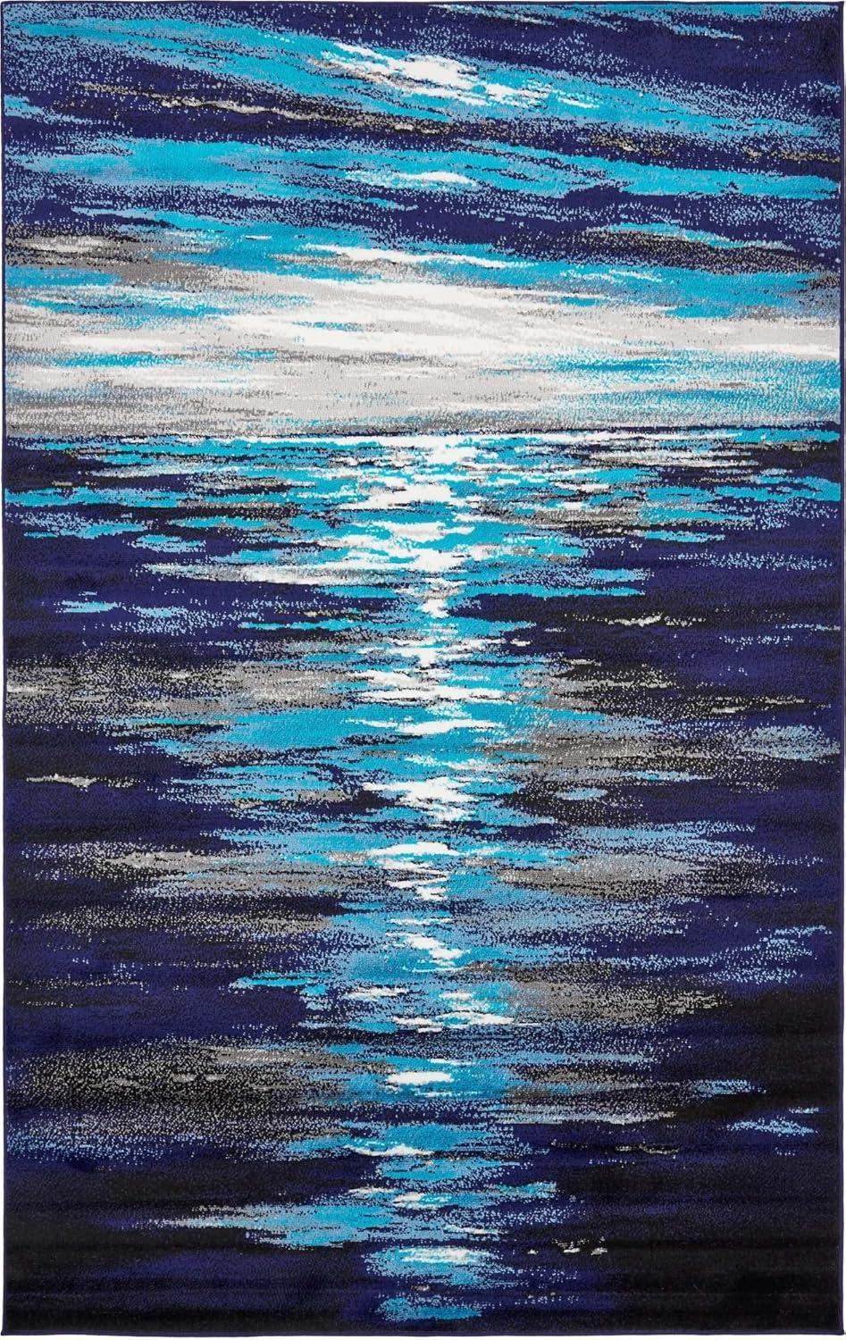 Navy Blue Abstract Rectangular Synthetic Indoor Rug, 7x10 ft