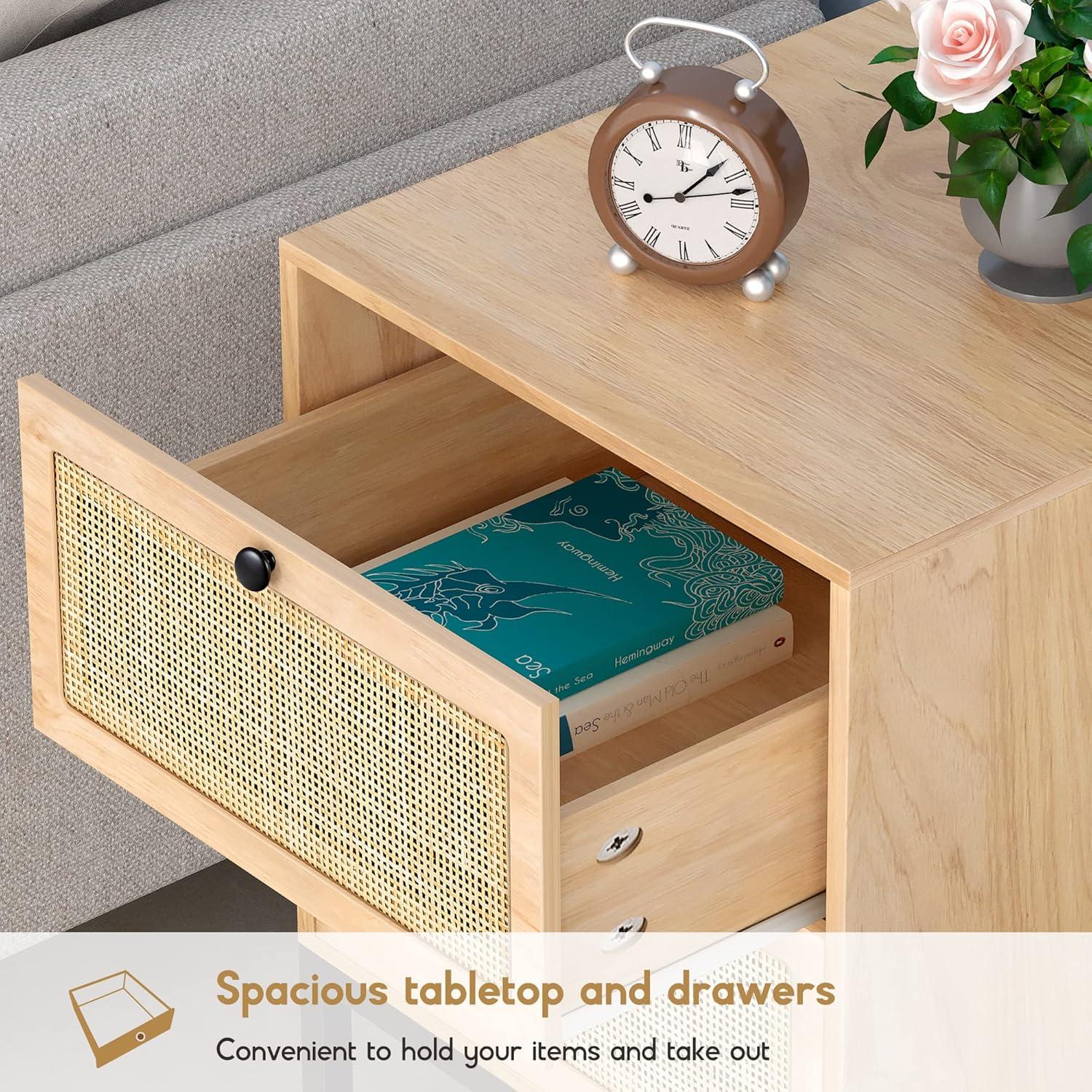 Natural Rattan and MDF 2-Drawer Nightstands with Metal Legs