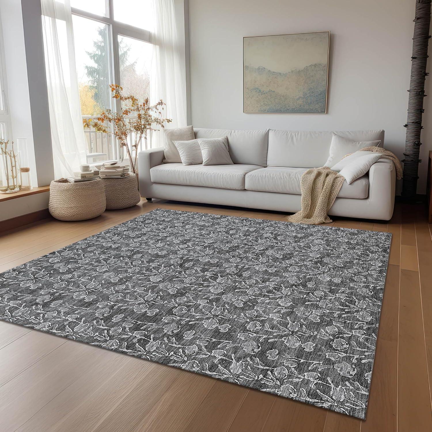 Gray Floral Synthetic Rectangular Indoor/Outdoor Area Rug