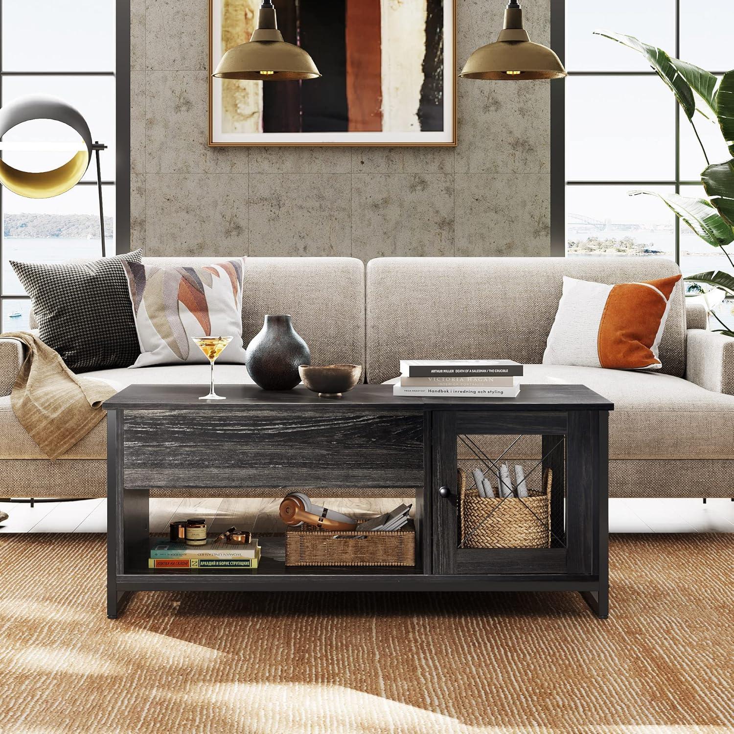 Coffee Table for Living Room,Lift Top Coffee Table with Storage,Hidden Compartment and Metal Mesh Door Cabinet,Black,Wood