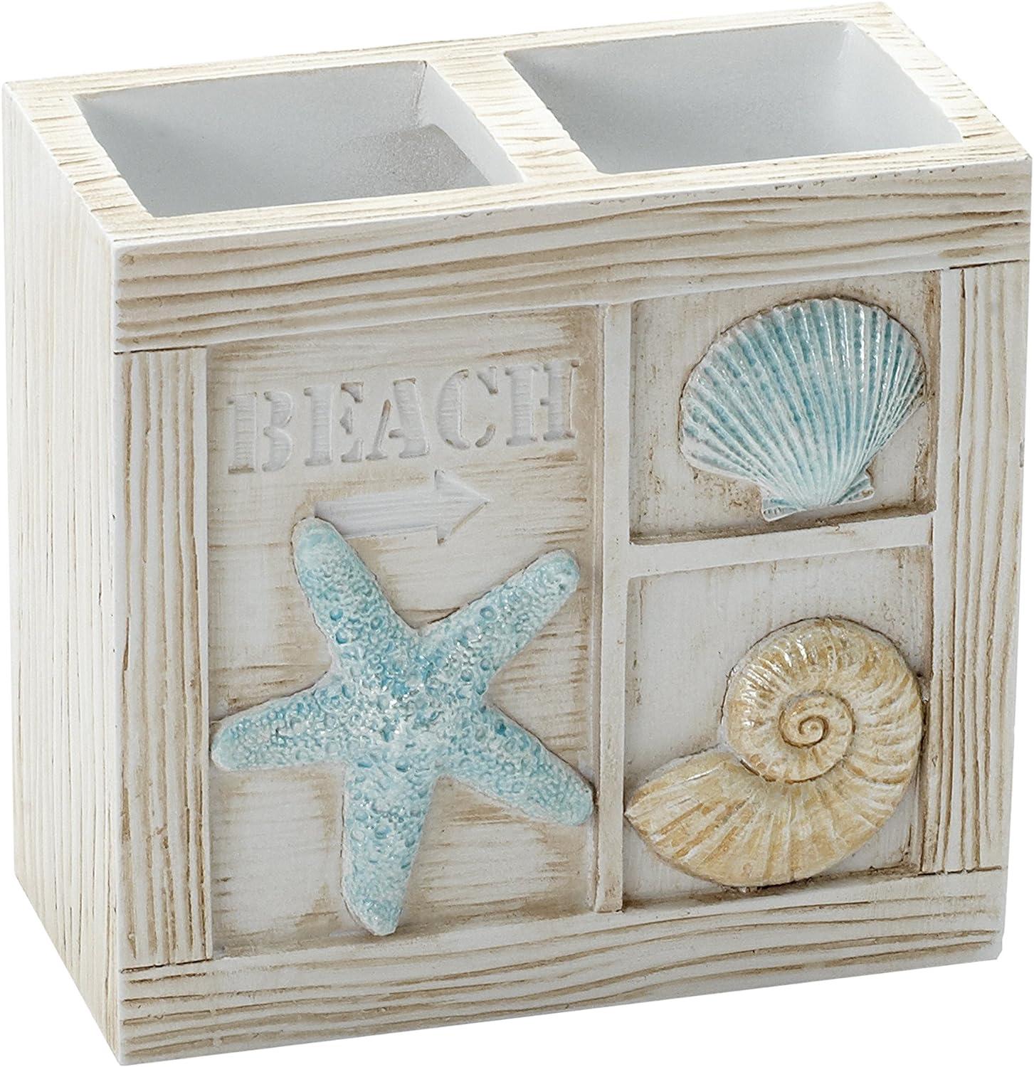Zenna Home Seaside Serenity Bathroom Toothbrush Holder with Carved Resin Design, Holds Up to 4 Brushes, Electric Toothbrush Holder for Bathroom Decor with Hand-Painted Shells, Teal/Ivory