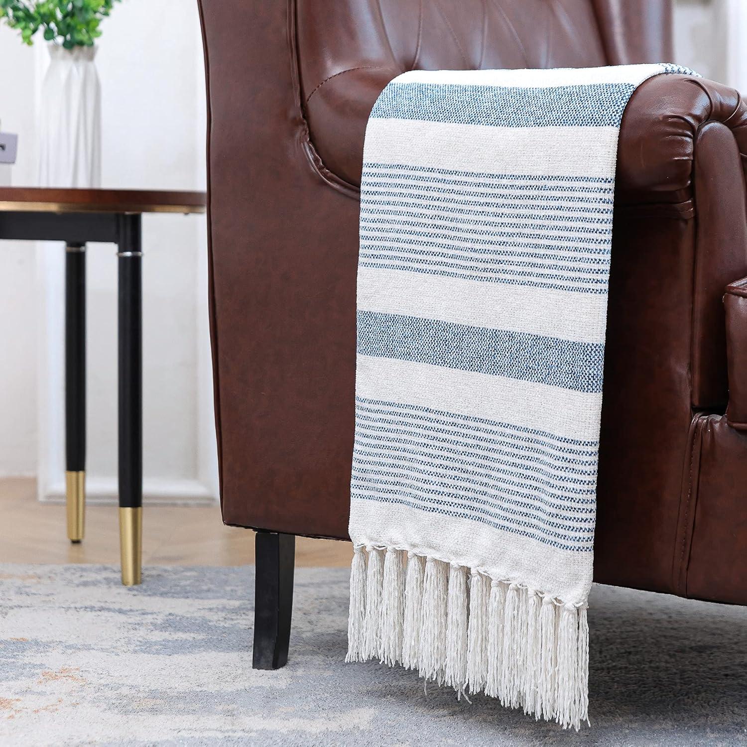 Blue and Ivory Chenille Striped Throw Blanket with Fringe