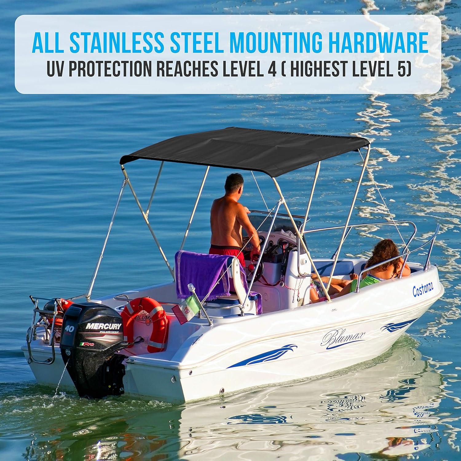 SereneLife 3 Bow Bimini Top - 2 Straps And 2 Rear Support Poles With Marine-Grade 600D Polyester Canvas (Gray) | Wayfair