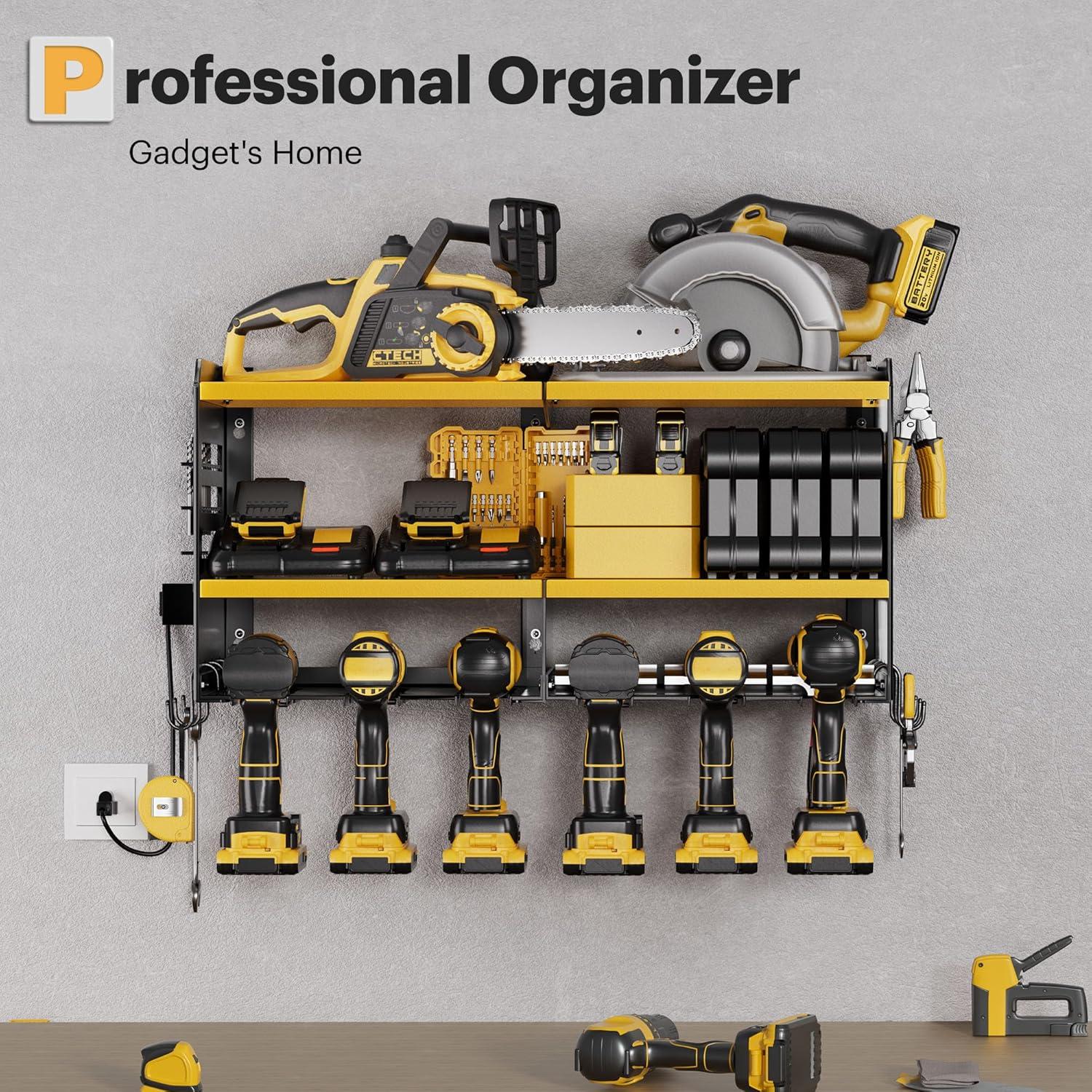 Spampur Power Tool Organizer Wall Mount with Charging Station, Garage Tool Shelf 6 Drill Holders, Tool Battery Holder with Plier holder Heavy Duty Rack, Tool Storage Rack with 4 Outlet Power Strip