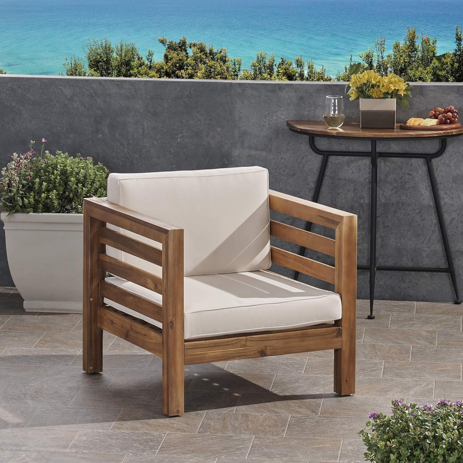 Frankie Outdoor Acacia Wood Club Chair with Cushion, Teak and Beige