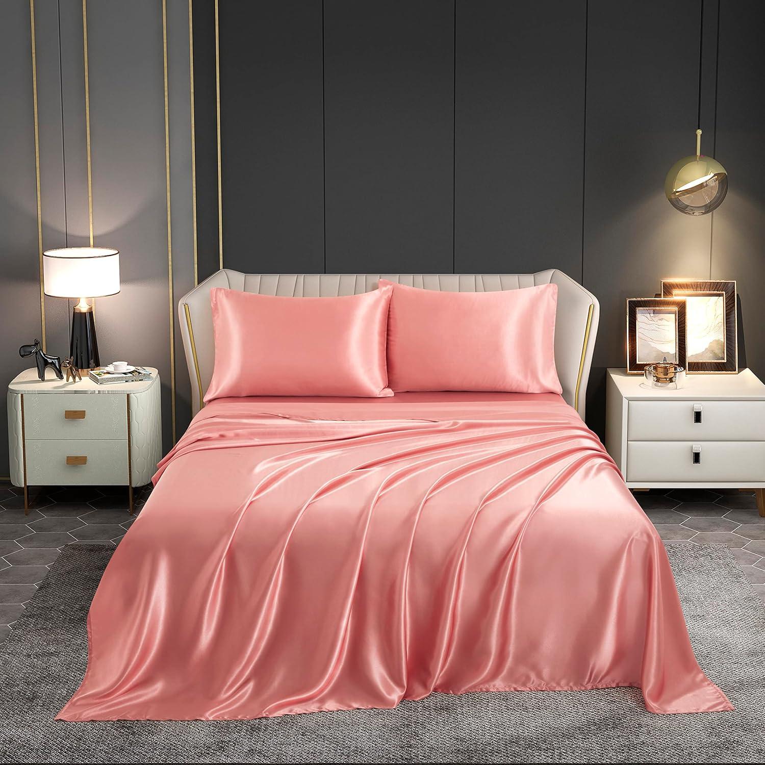 Blush Pink Queen Satin Deep Pocket Bed Sheet Set