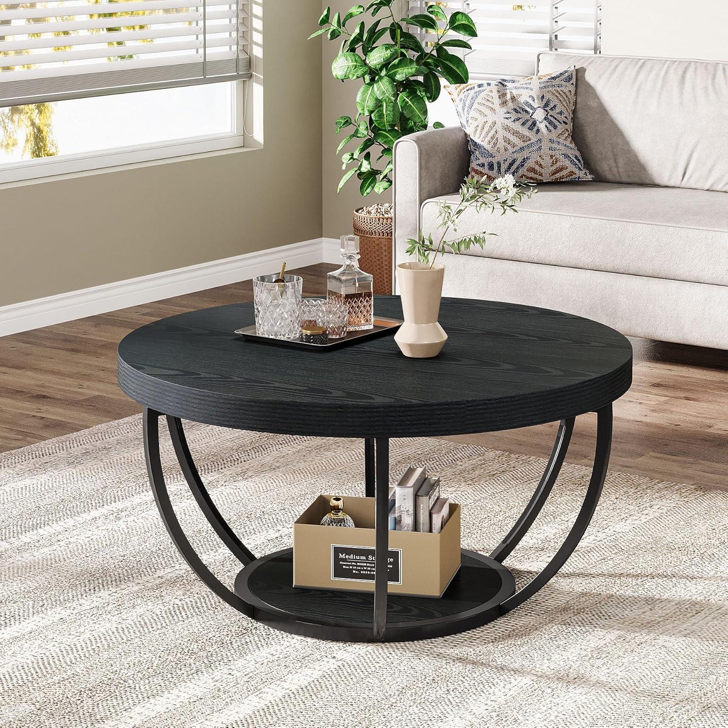 Kepooman Wooden Coffee Table, 2-Tier Round Central Cocktail Table with Shelves,White