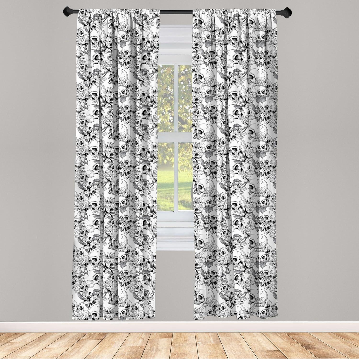 Ambesonne Celebration Curtains, Sketch Dead Skull, Pair of 28"x84", Black and White