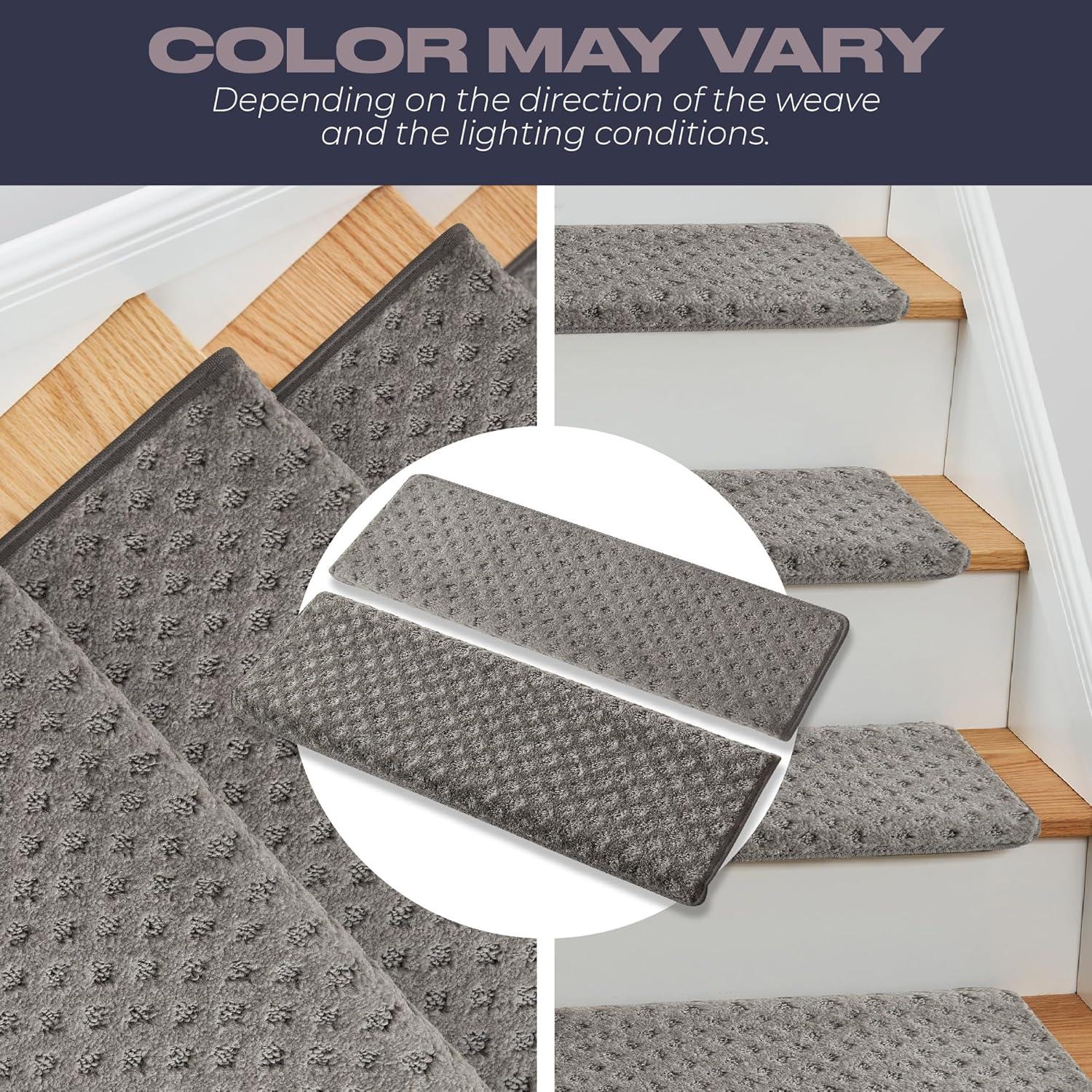 MBIGM Bullnose Carpet Stair Treads for Wooden Steps, Non-Slip Indoor Stair Runner w/ TPU Backing & Steel Reinforcement, Dark Gray Lattice, 14 Pack